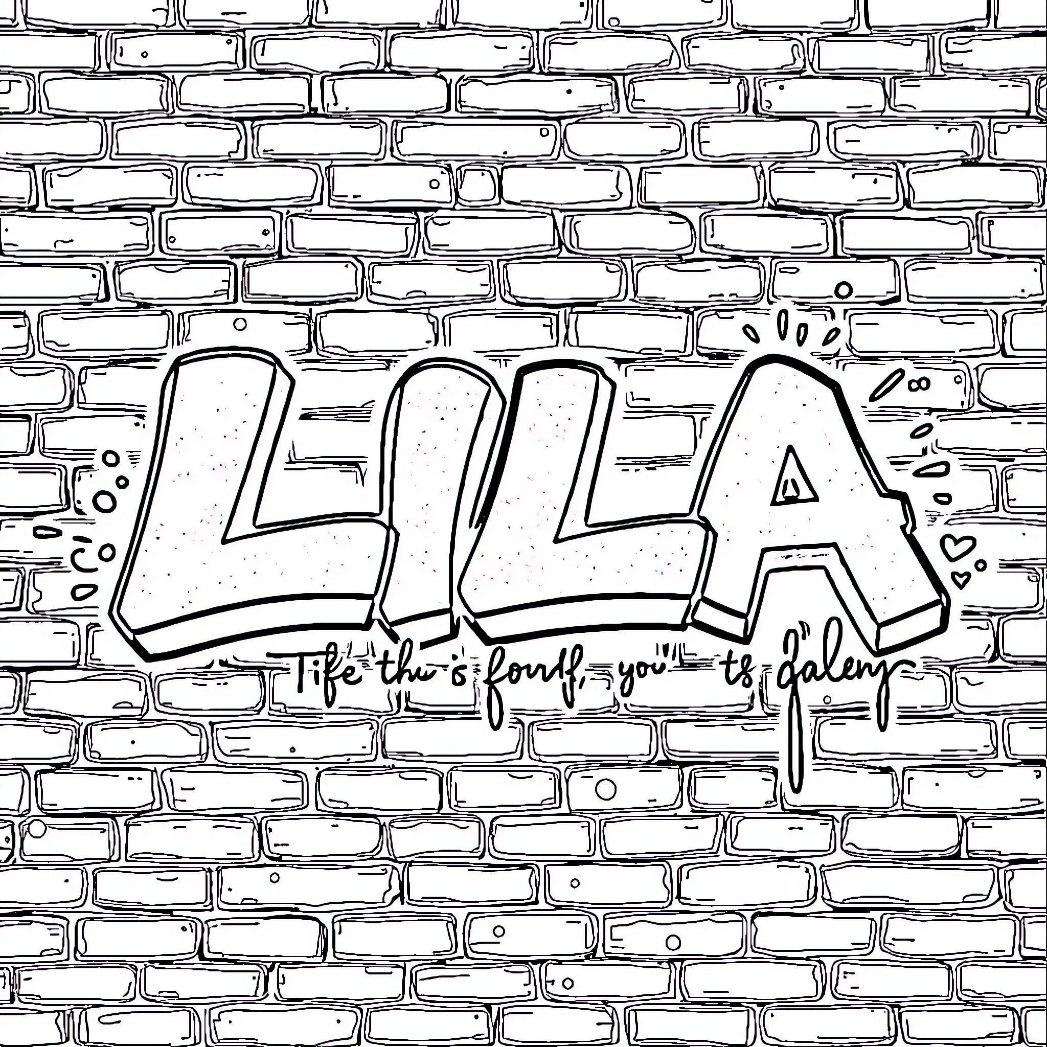 Lila's Doodle on the Brick Wall Coloring Page (free black-and-white line drawing printable PDF for all, from beginners to advanced learners, including children, teens, adults, and seniors)