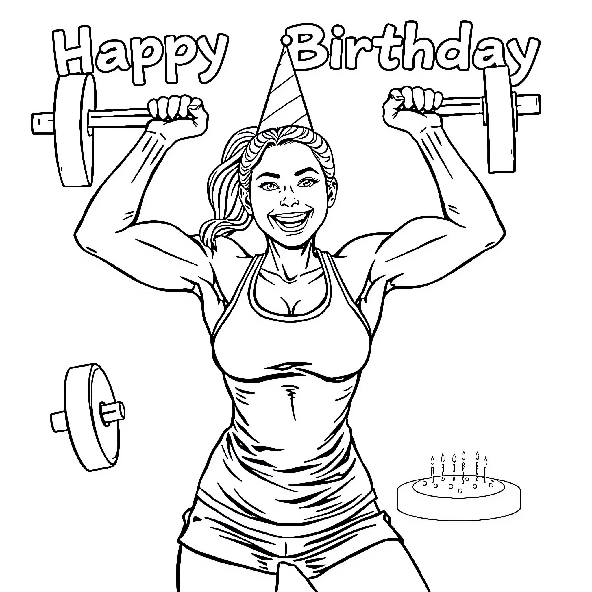 Woman celebrating her birthday with fitness equipment Coloring Page (free black-and-white line drawing printable PDF for all, from beginners to advanced learners, including children, teens, adults, and seniors)