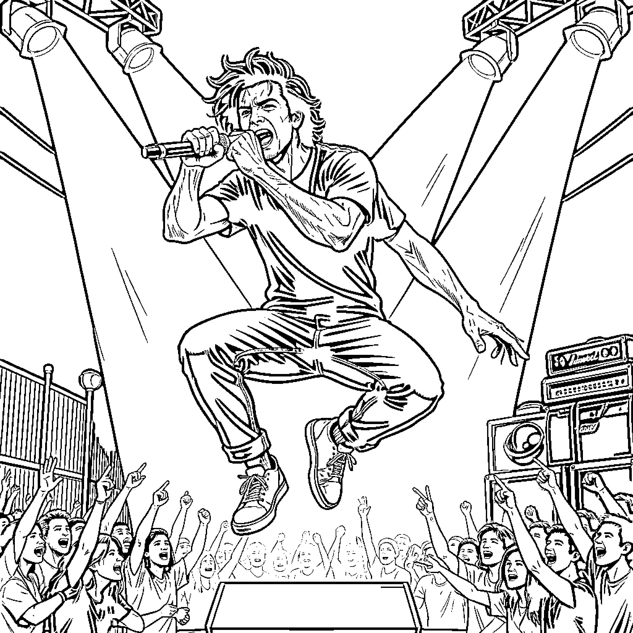 Chino Moreno Captivating Crowd with Energetic Performance Coloring Page (free black-and-white line drawing printable PDF for all, from beginners to advanced learners, including children, teens, adults, and seniors)