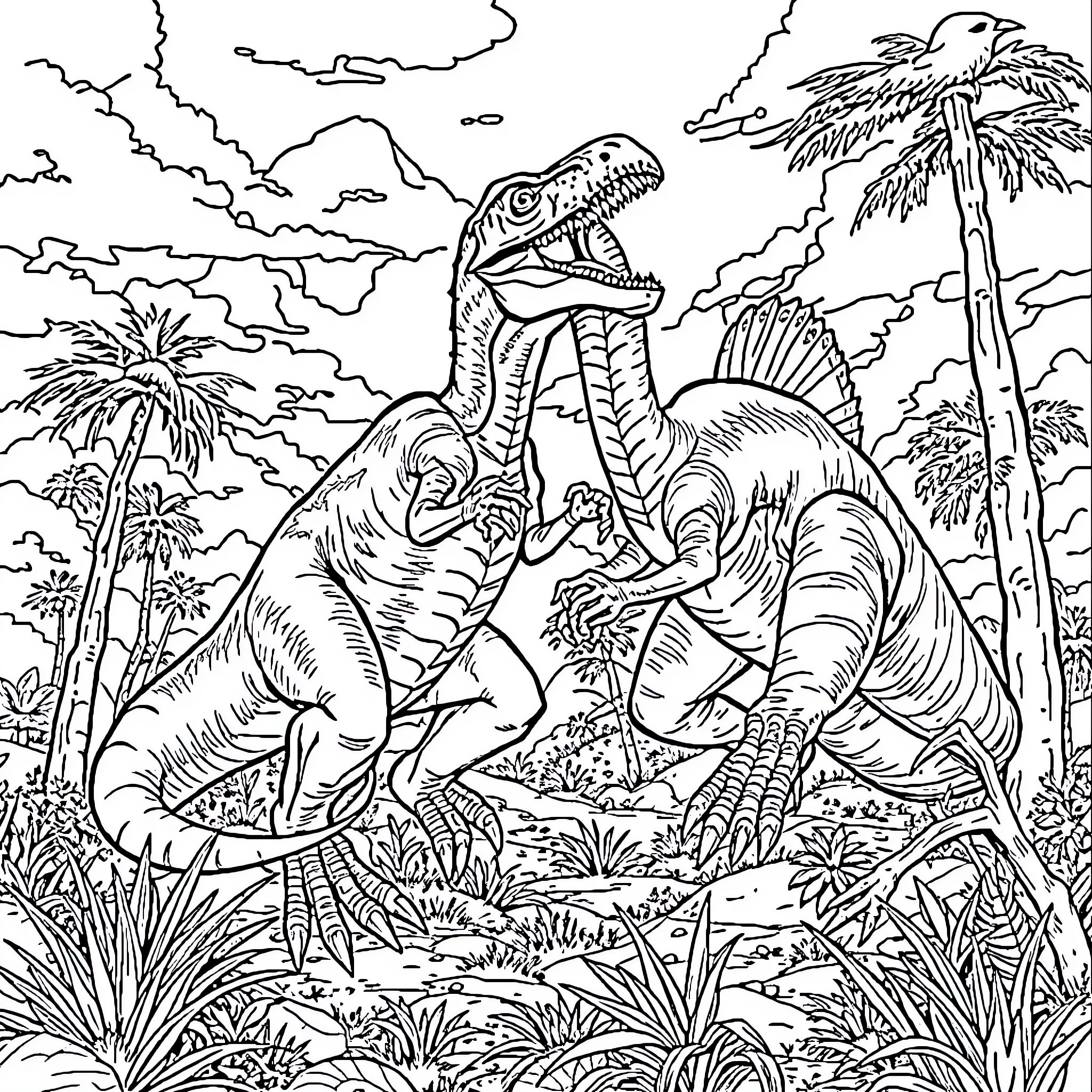 Raptor Prehistoric Scene with Tropical Vegetation Coloring Page (free black-and-white line drawing printable PDF for all, from beginners to advanced learners, including children, teens, adults, and seniors)