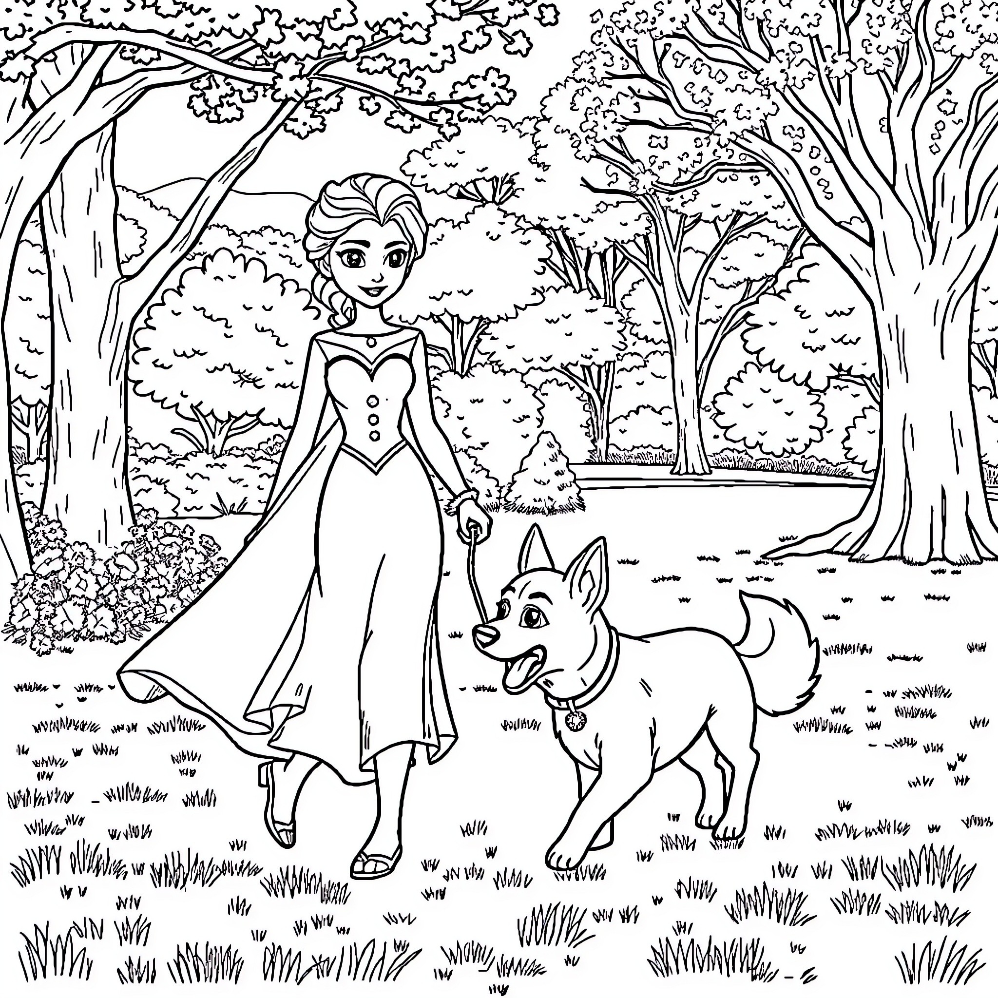 Elsa's Enchanted Forest Adventure with Loyal Companion Coloring Page (free black-and-white line drawing printable PDF for all, from beginners to advanced learners, including children, teens, adults, and seniors)