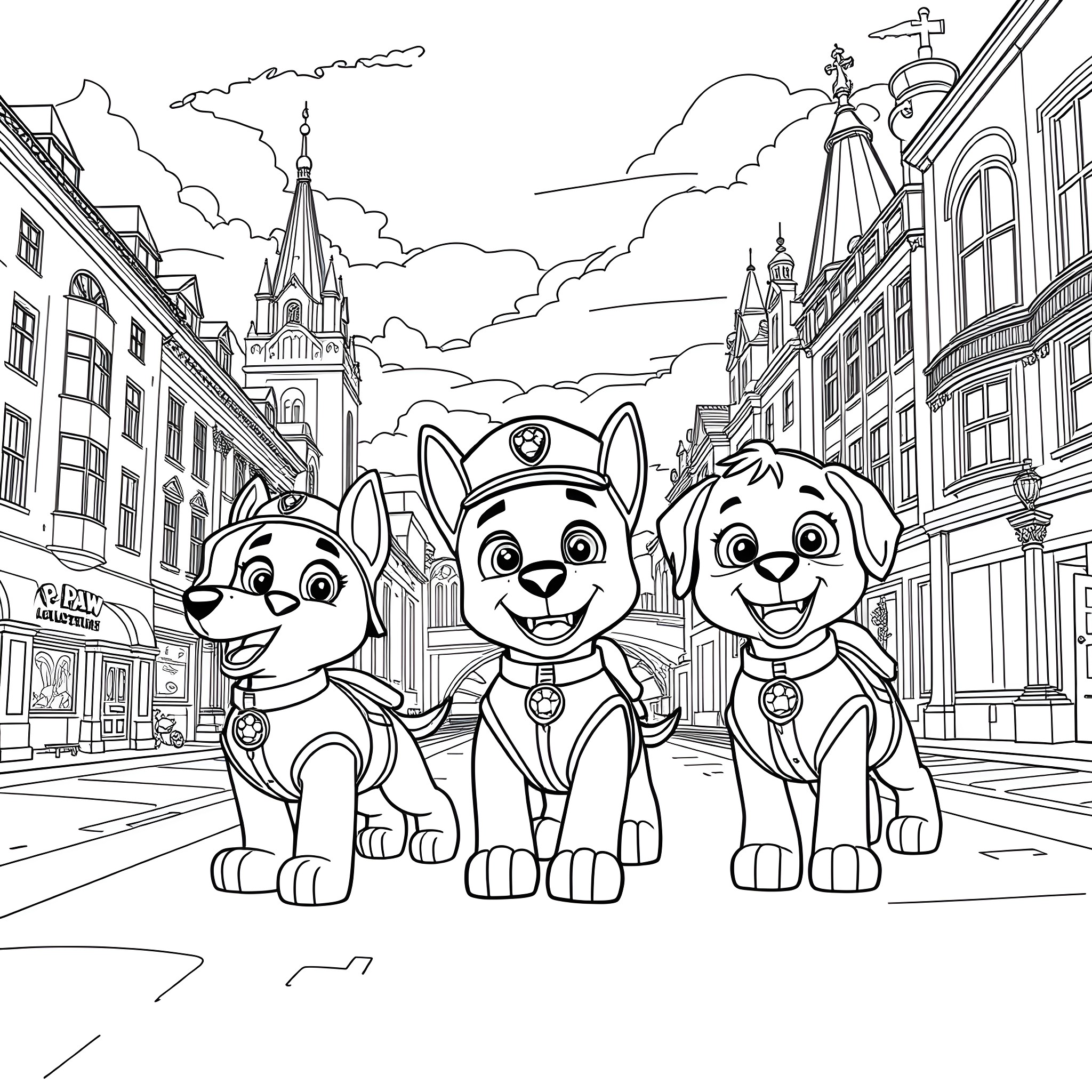 Paw Patrol on Patrol in the City Coloring Page (free black-and-white line drawing printable PDF for all, from beginners to advanced learners, including children, teens, adults, and seniors)