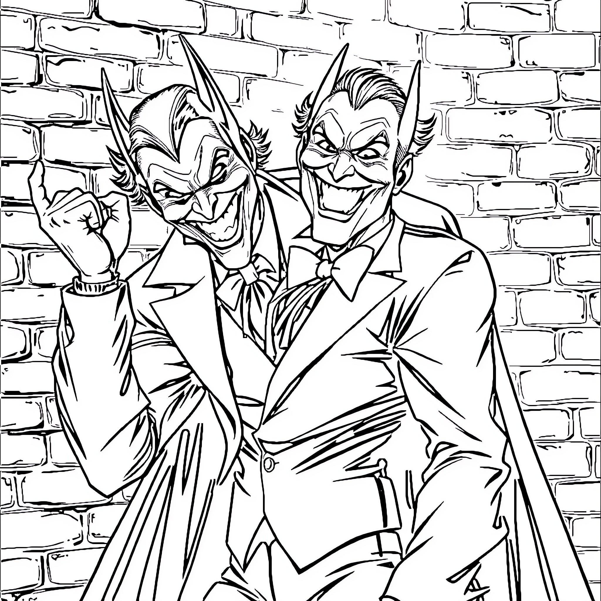 Joker's Mischievous Grin on Gritty Brick Wall Coloring Page (free black-and-white line drawing printable PDF for all, from beginners to advanced learners, including children, teens, adults, and seniors)