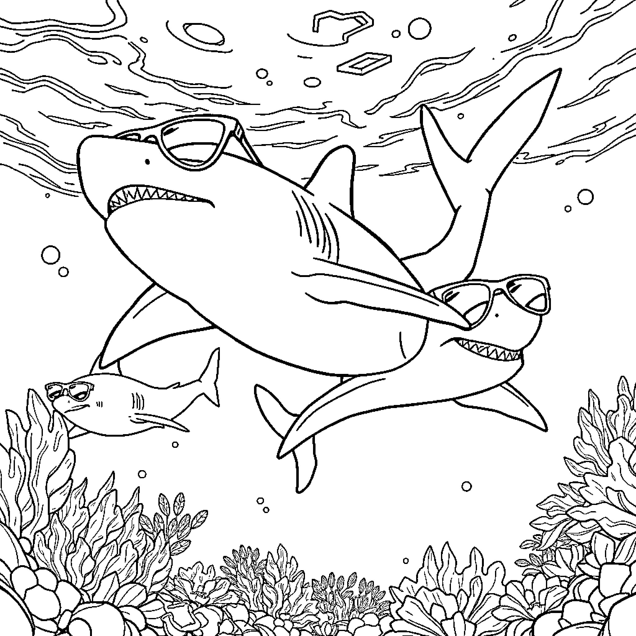 Shark swimming playfully underwater Coloring Page (free black-and-white line drawing printable PDF for all, from beginners to advanced learners, including children, teens, adults, and seniors)