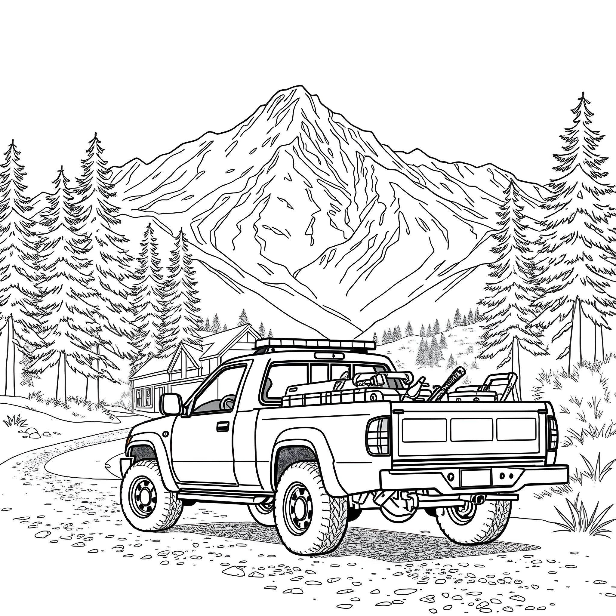 Pick Up Truck Adventure in the Mountains Coloring Page (free black-and-white line drawing printable PDF for all, from beginners to advanced learners, including children, teens, adults, and seniors)