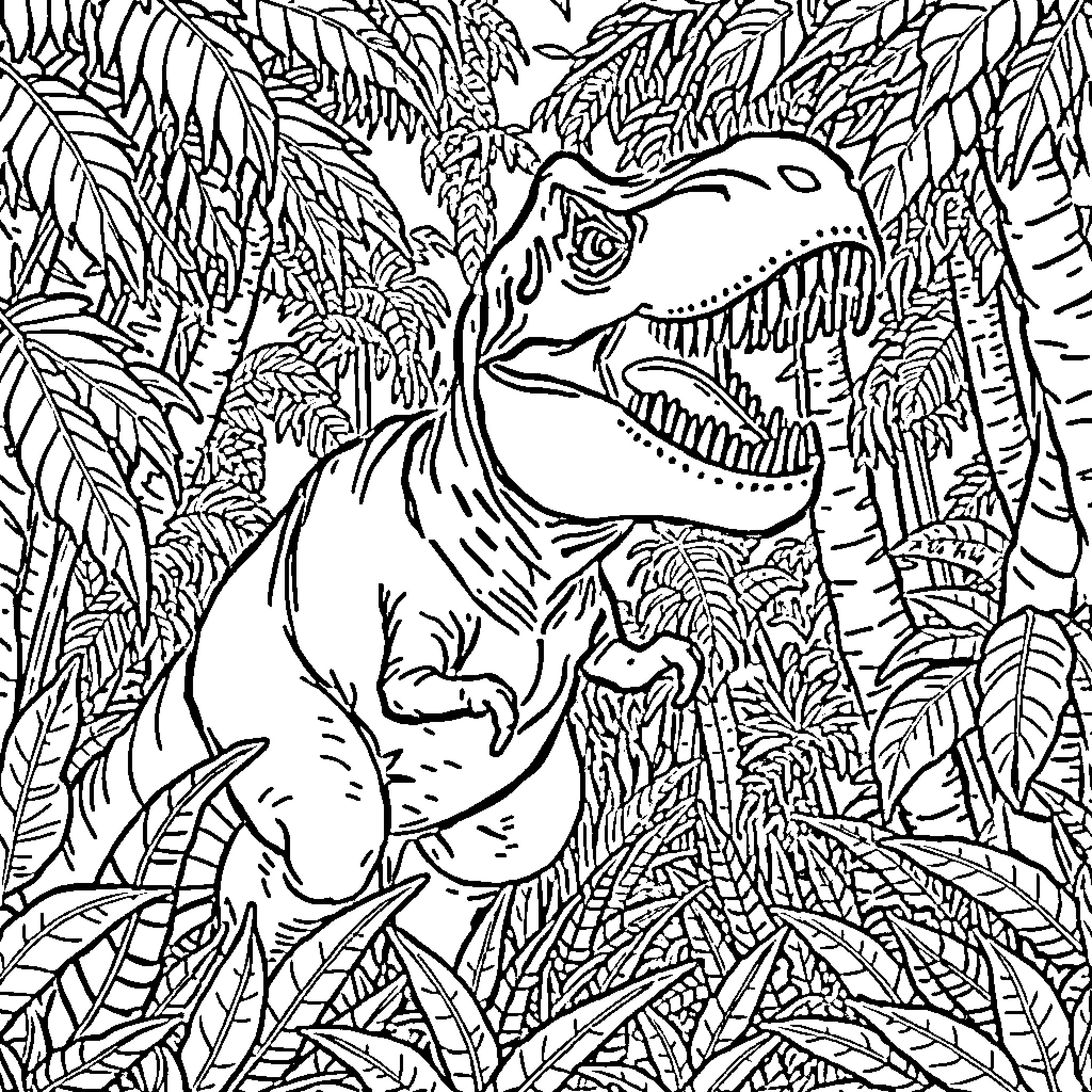 T-Rex Roaring Amidst Lush Jungle Foliage Coloring Page (free black-and-white line drawing printable PDF for all, from beginners to advanced learners, including children, teens, adults, and seniors)