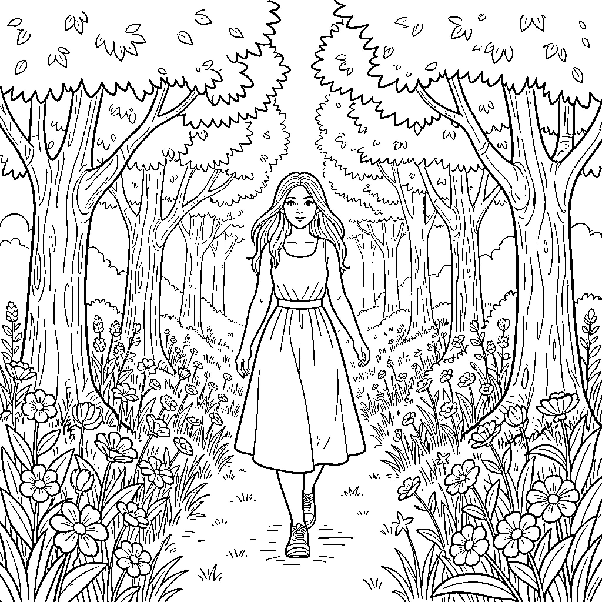 Woman walking through enchanting forest landscape Coloring Page (free black-and-white line drawing printable PDF for all, from beginners to advanced learners, including children, teens, adults, and seniors)