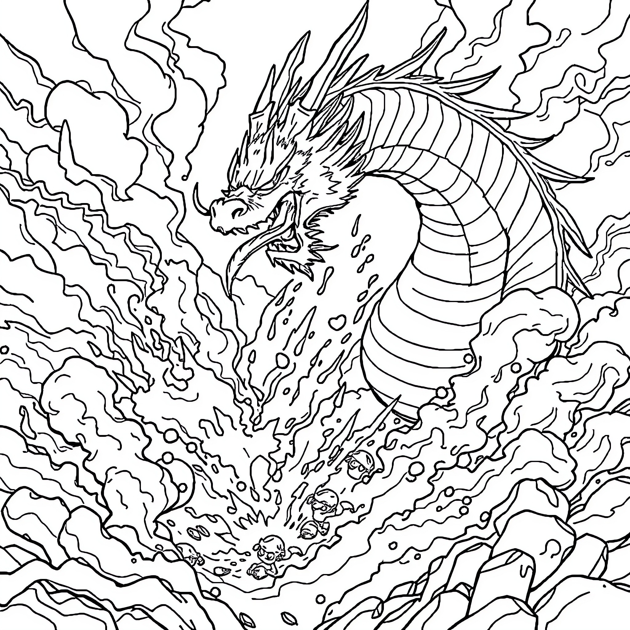 Dragon Unleashing Powerful Fiery Breath Coloring Page (free black-and-white line drawing printable PDF for all, from beginners to advanced learners, including children, teens, adults, and seniors)