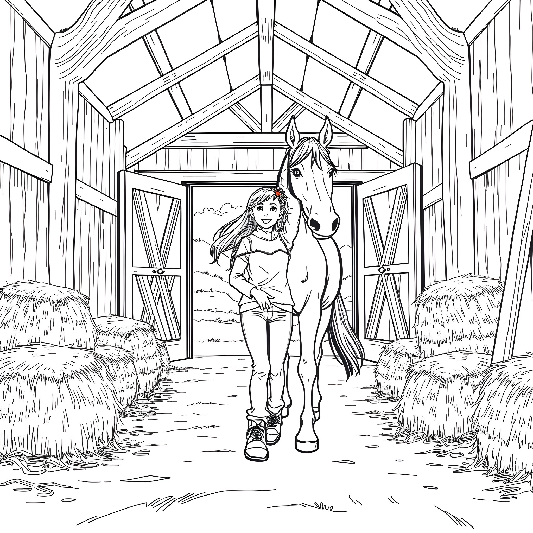 Girl standing with a horse in a barn Coloring Page (free black-and-white line drawing printable PDF for all, from beginners to advanced learners, including children, teens, adults, and seniors)