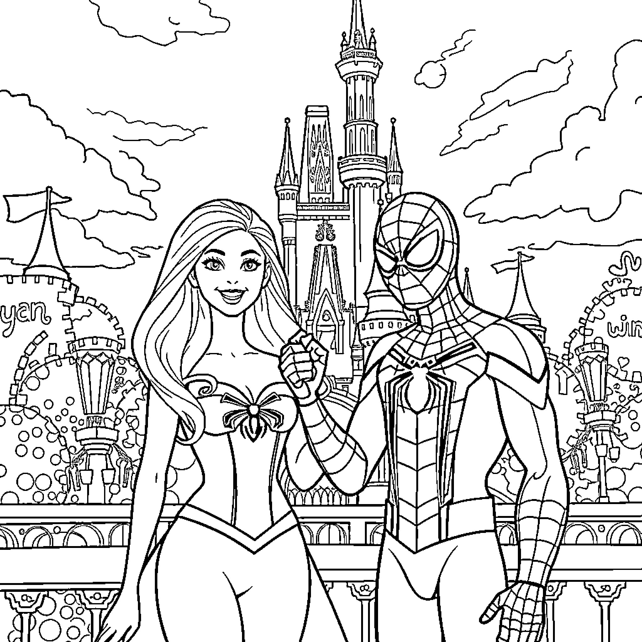 Barbie and Spider-Man in the Enchanted Castle Coloring Page (free black-and-white line drawing printable PDF for all, from beginners to advanced learners, including children, teens, adults, and seniors)