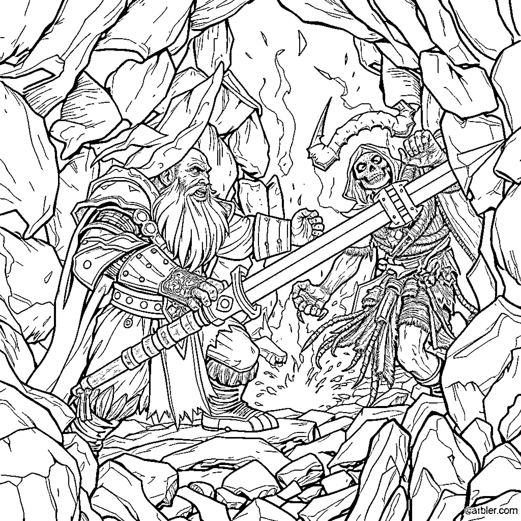 Dwarf warrior battles a skeletal foe in a rocky cavern Coloring Page (free black-and-white line drawing printable PDF for all, from beginners to advanced learners, including children, teens, adults, and seniors)