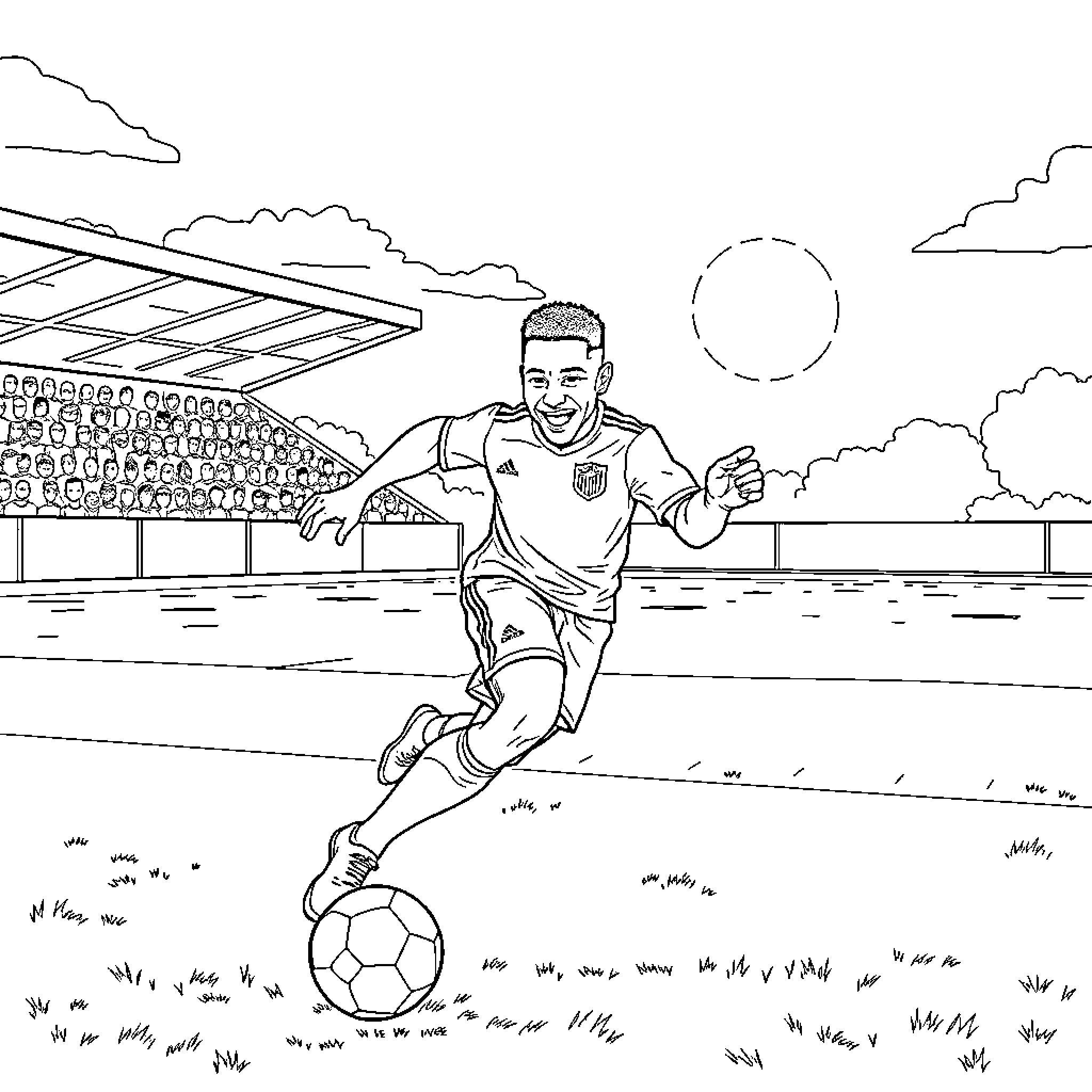 Eberechi Eze playing soccer on the field Coloring Page (free black-and-white line drawing printable PDF for all, from beginners to advanced learners, including children, teens, adults, and seniors)