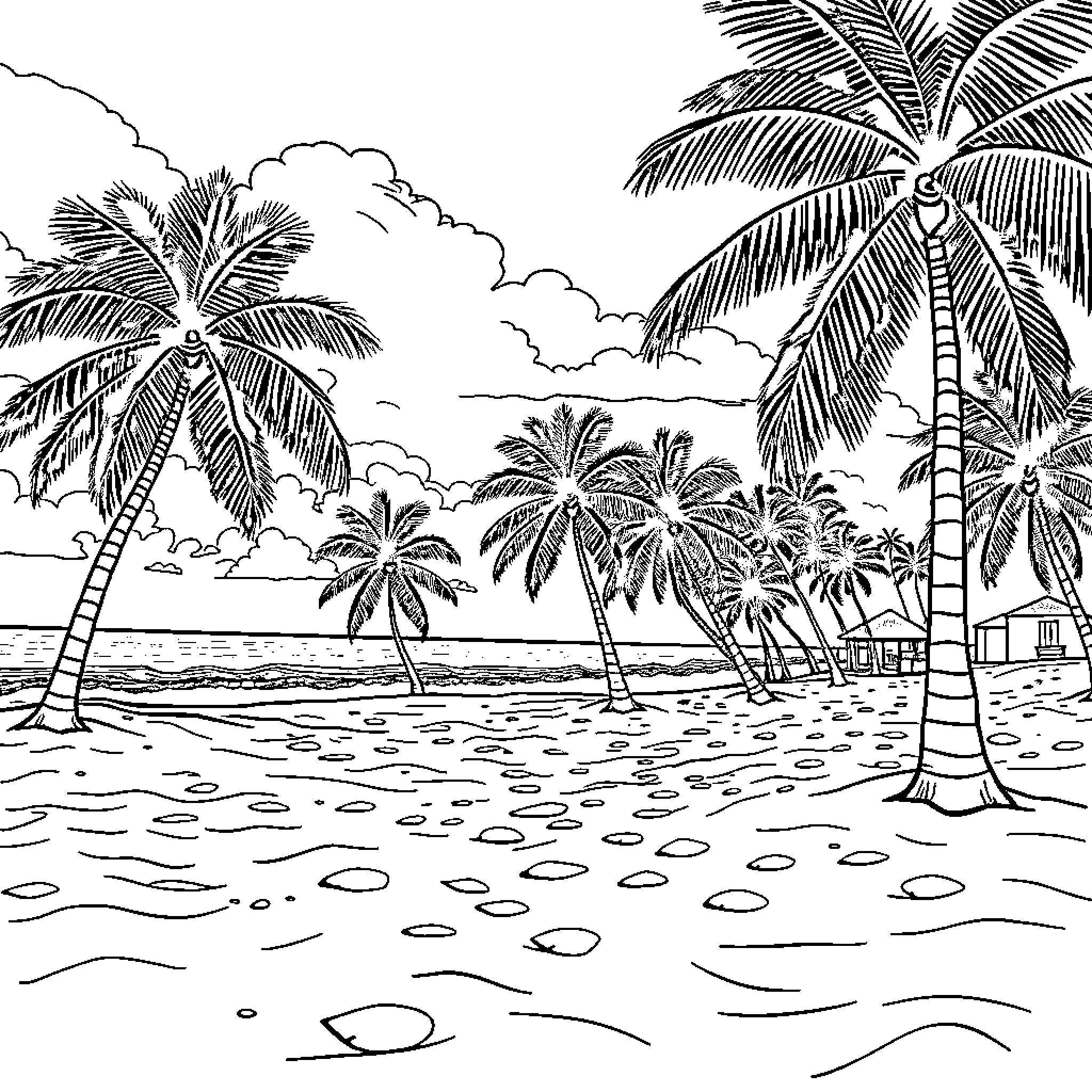 Beach scene with swaying palm trees Coloring Page (free black-and-white line drawing printable PDF for all, from beginners to advanced learners, including children, teens, adults, and seniors)