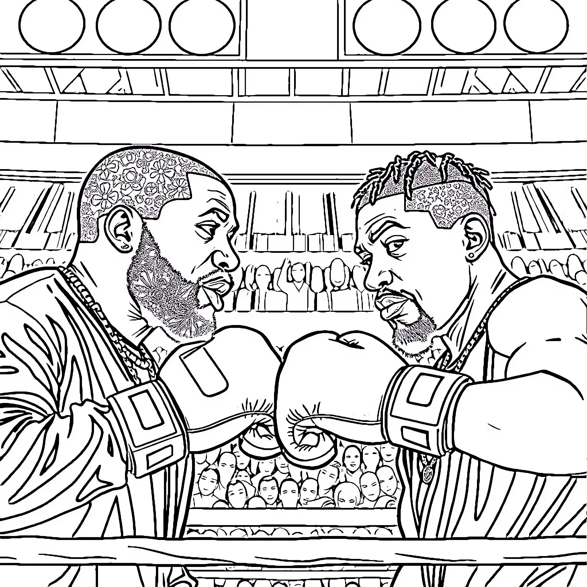 Drake facing off against another performer on stage Coloring Page (free black-and-white line drawing printable PDF for all, from beginners to advanced learners, including children, teens, adults, and seniors)