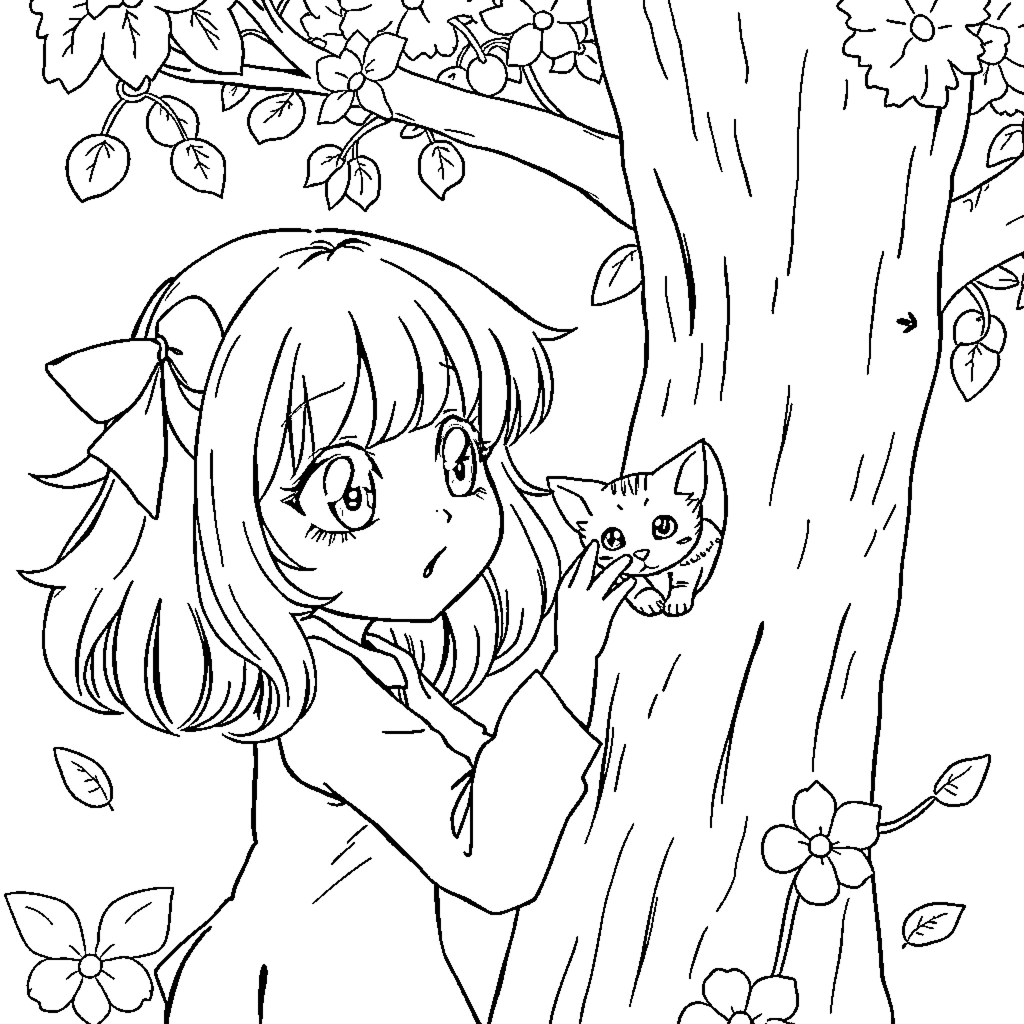 Anime Girl playing with Adorable Kitten in Floral Forest Coloring Page (free black-and-white line drawing printable PDF for all, from beginners to advanced learners, including children, teens, adults, and seniors)
