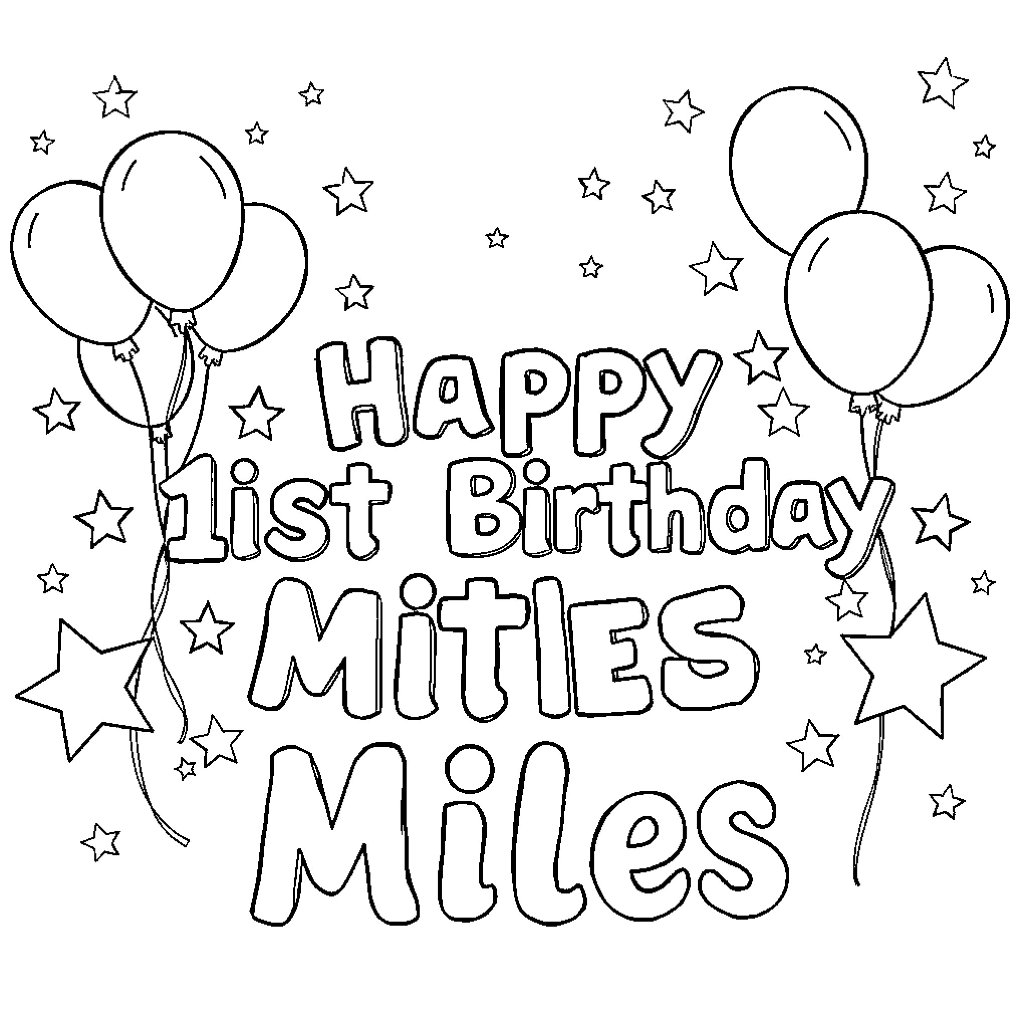 Birthday celebration with balloons and stars Coloring Page (free black-and-white line drawing printable PDF for all, from beginners to advanced learners, including children, teens, adults, and seniors)