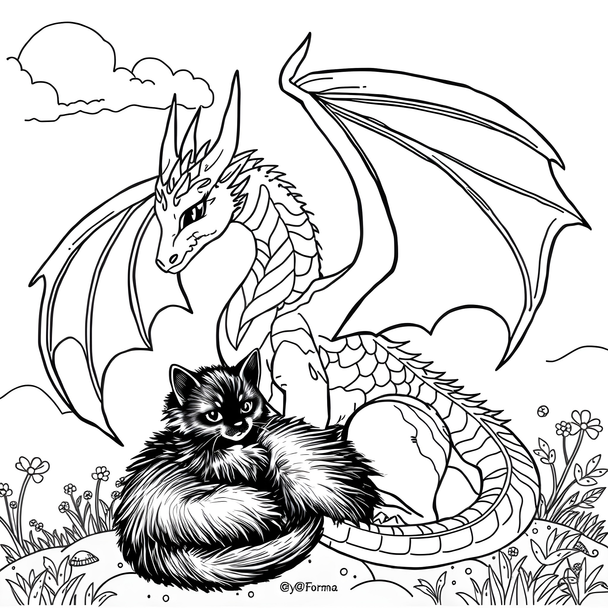 Lady Dragon in a Mystical Garden with a Curious Cat Coloring Page (free black-and-white line drawing printable PDF for all, from beginners to advanced learners, including children, teens, adults, and seniors)