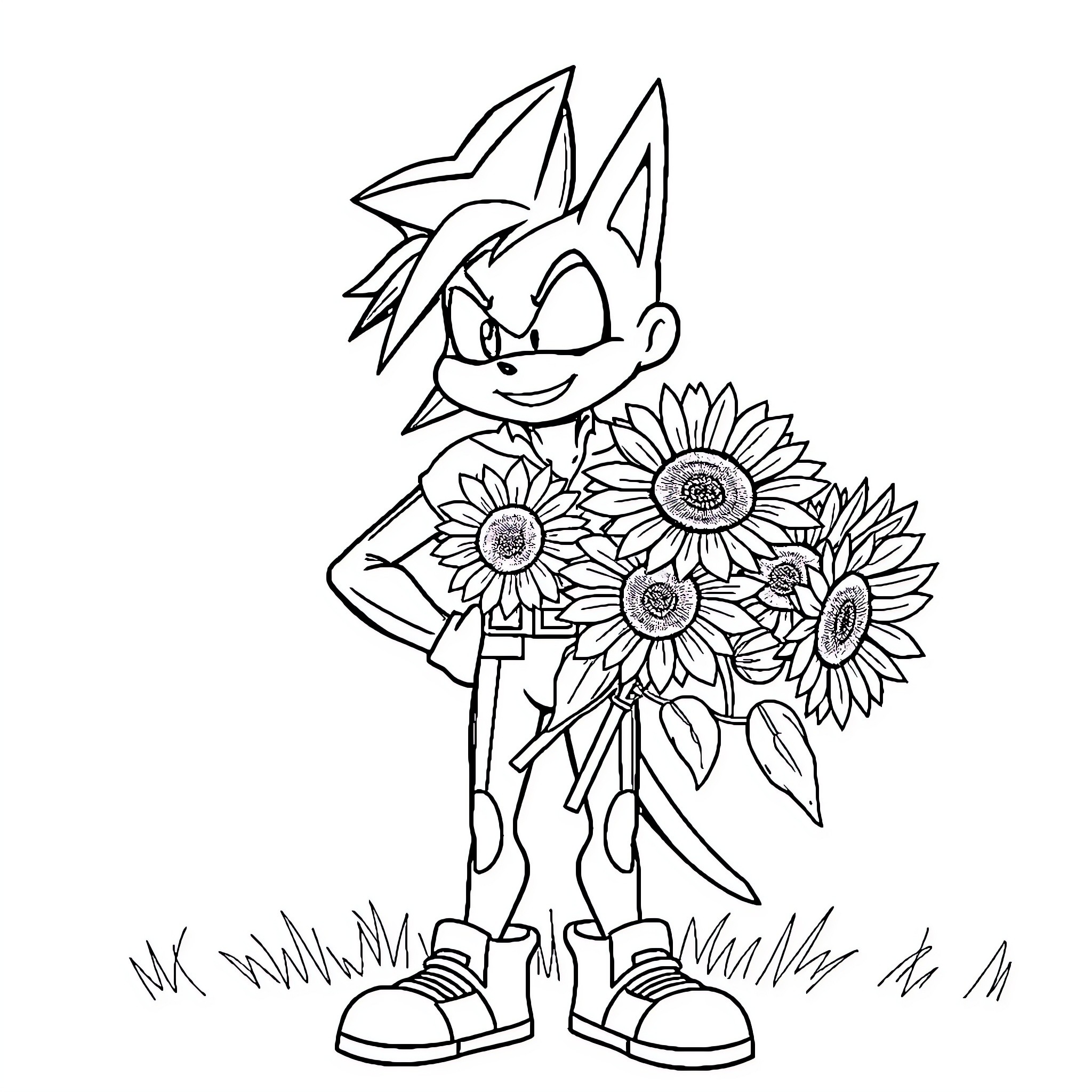 Static Shock holding a bouquet of sunflowers Coloring Page (free black-and-white line drawing printable PDF for all, from beginners to advanced learners, including children, teens, adults, and seniors)