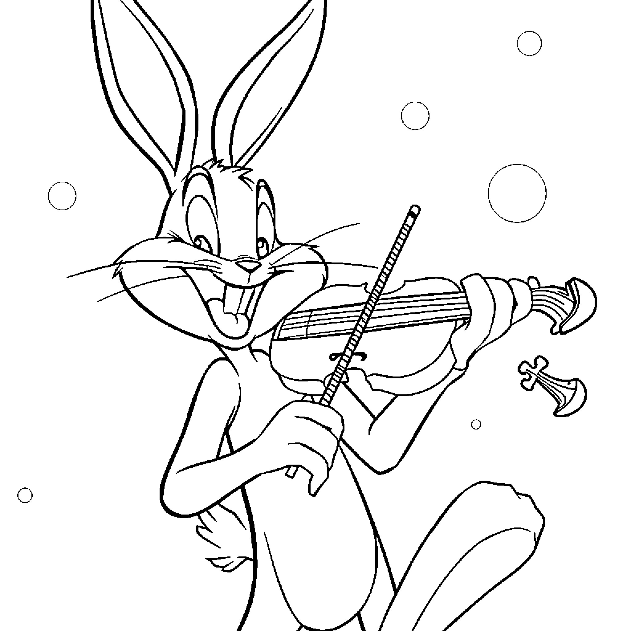 Bugs Bunny playing the violin Coloring Page (free black-and-white line drawing printable PDF for all, from beginners to advanced learners, including children, teens, adults, and seniors)