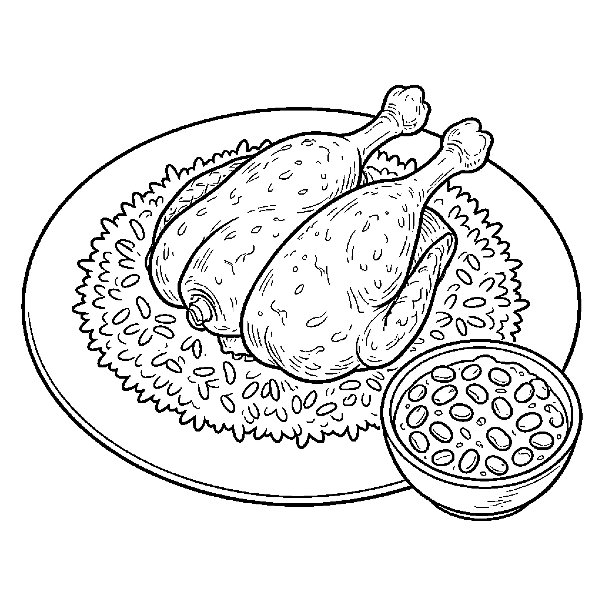 Rice served with roasted chicken and a small bowl Coloring Page (free black-and-white line drawing printable PDF for all, from beginners to advanced learners, including children, teens, adults, and seniors)
