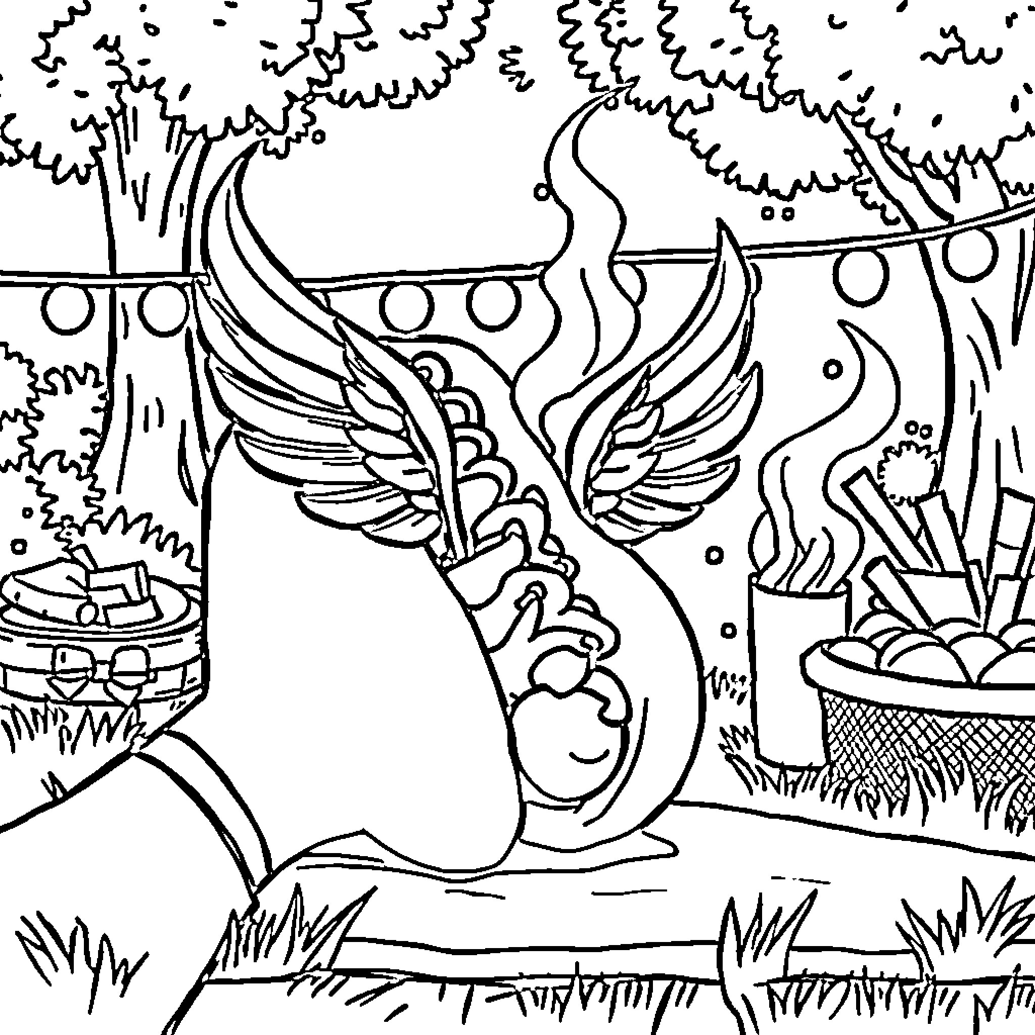 Hotdog flying through fantastical landscape Coloring Page (free black-and-white line drawing printable PDF for all, from beginners to advanced learners, including children, teens, adults, and seniors)
