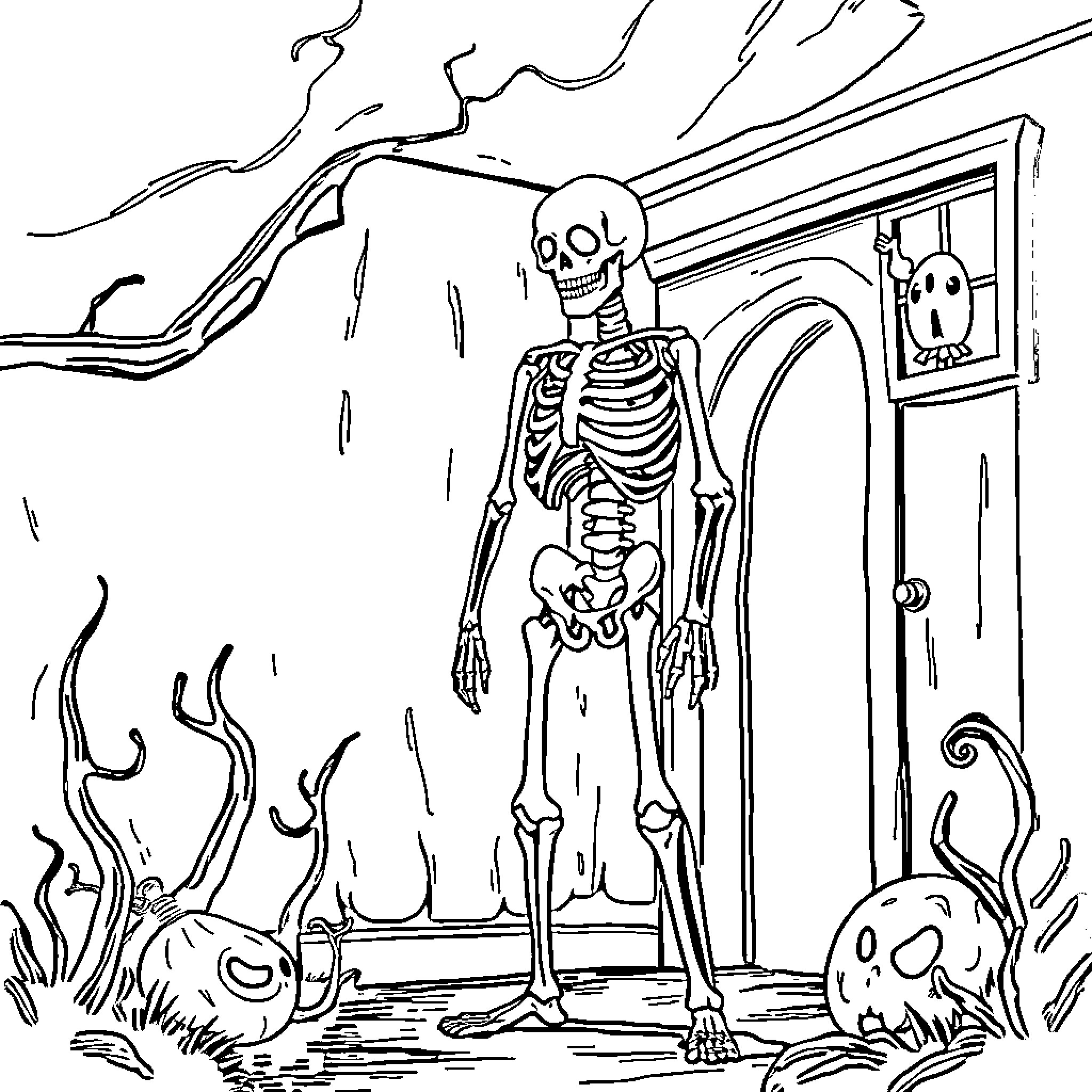 Skeleton entering a spooky doorway Coloring Page (free black-and-white line drawing printable PDF for all, from beginners to advanced learners, including children, teens, adults, and seniors)