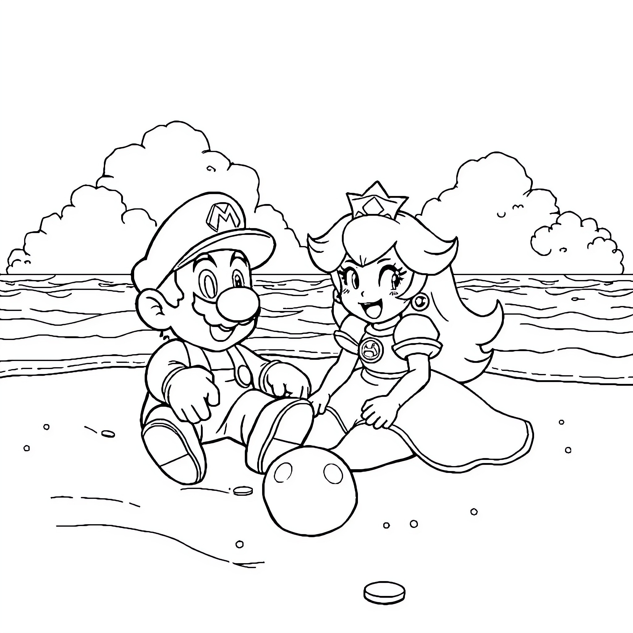 Mario and Princess relaxing on the beach Coloring Page (free black-and-white line drawing printable PDF for all, from beginners to advanced learners, including children, teens, adults, and seniors)