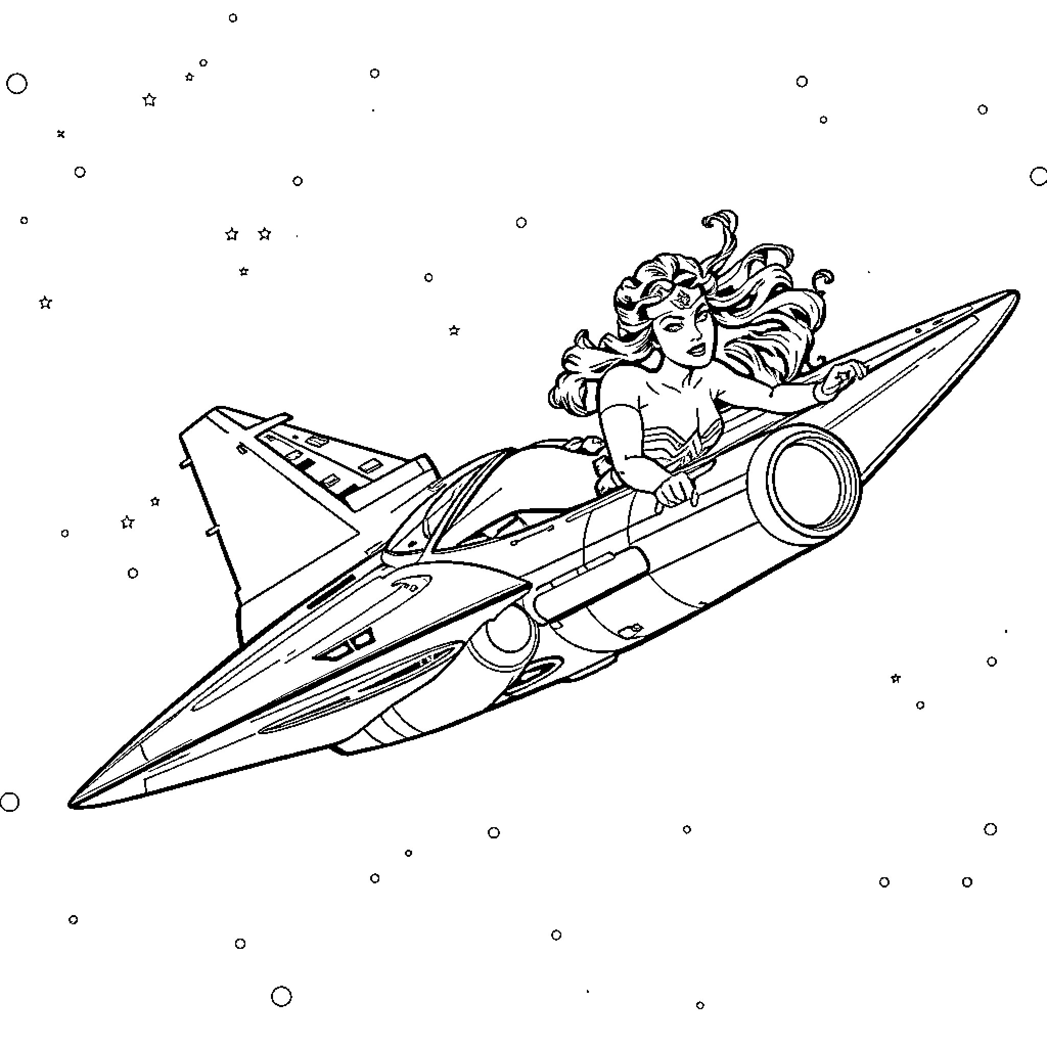 Wonder Woman soaring through the cosmos in a futuristic spacecraft Coloring Page (free black-and-white line drawing printable PDF for all, from beginners to advanced learners, including children, teens, adults, and seniors)