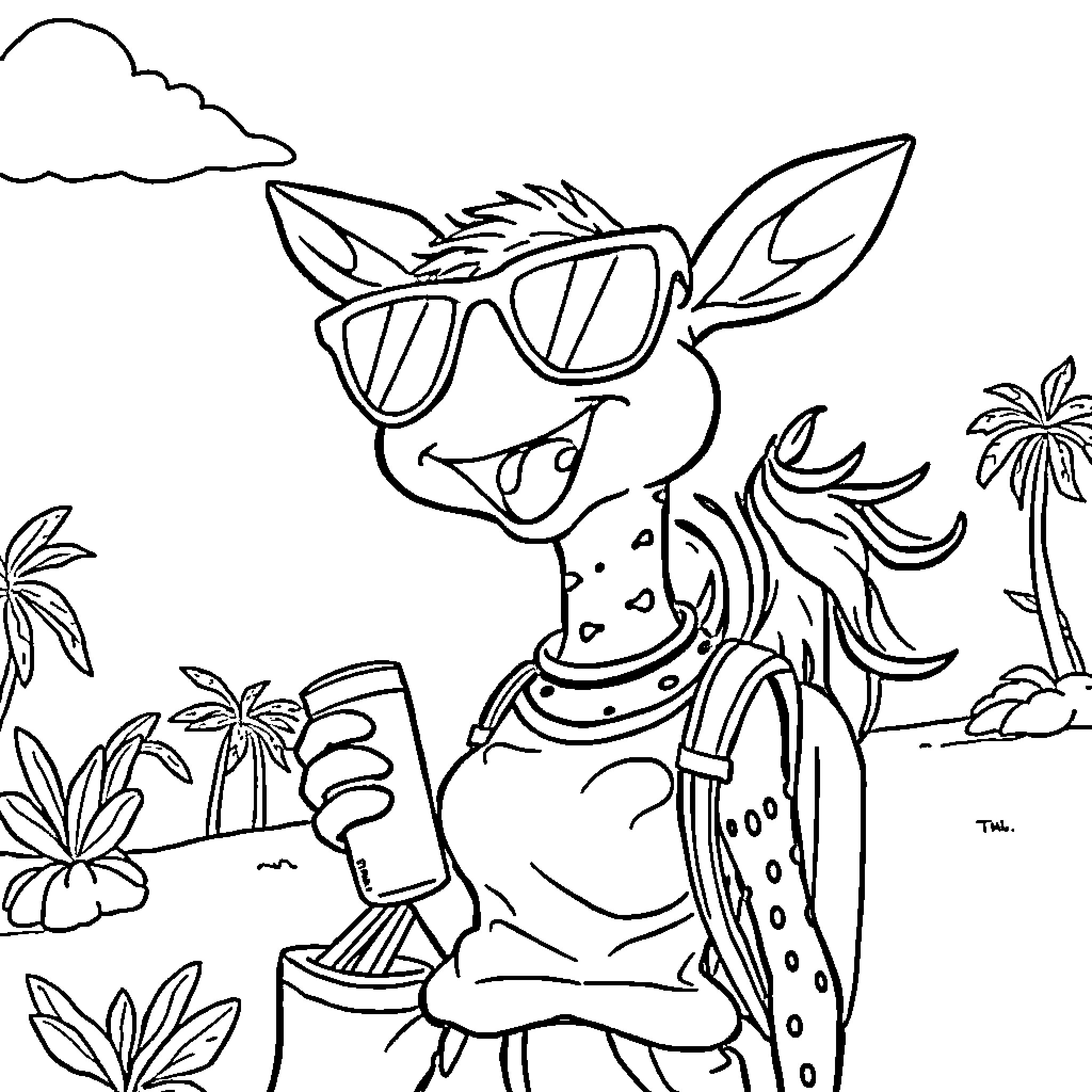 Spider in sunglasses relaxing on the beach Coloring Page (free black-and-white line drawing printable PDF for all, from beginners to advanced learners, including children, teens, adults, and seniors)