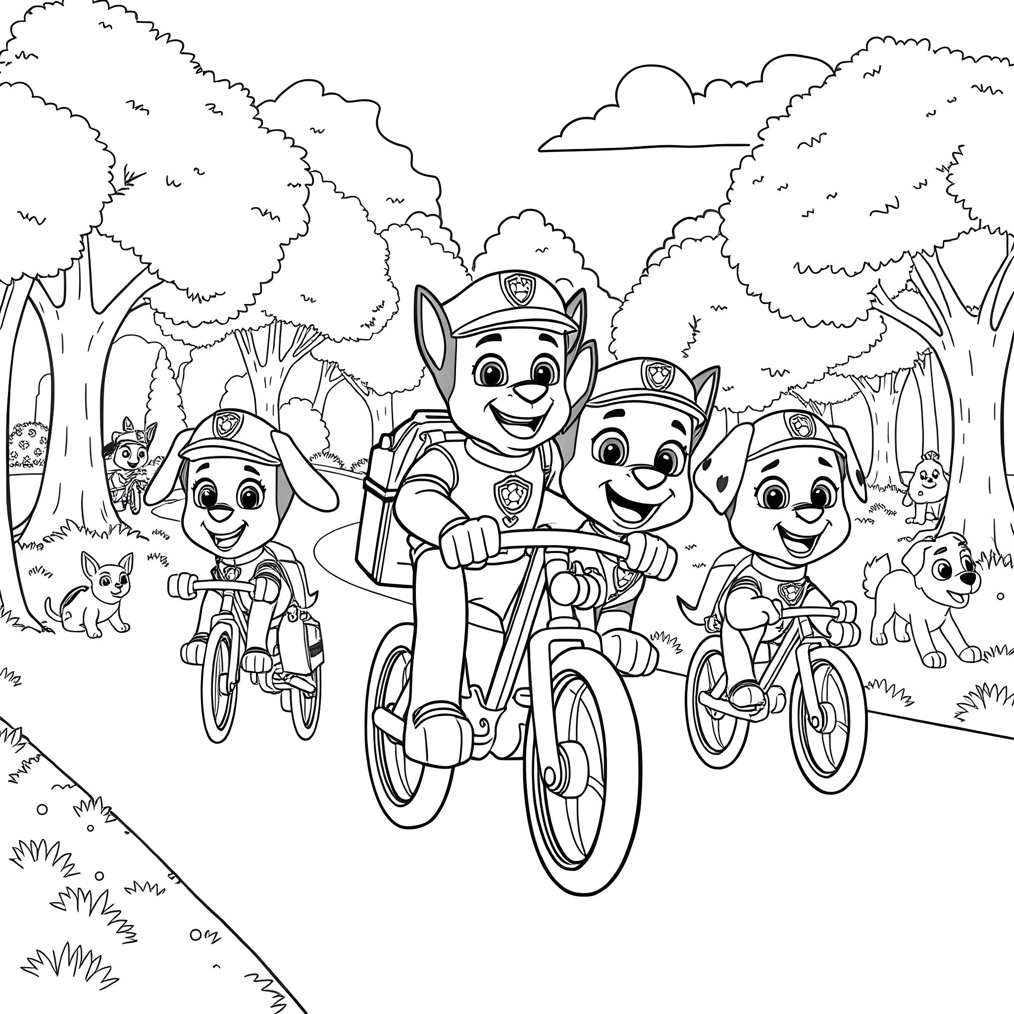 Paw Patrol members biking through the forest Coloring Page (free black-and-white line drawing printable PDF for all, from beginners to advanced learners, including children, teens, adults, and seniors)