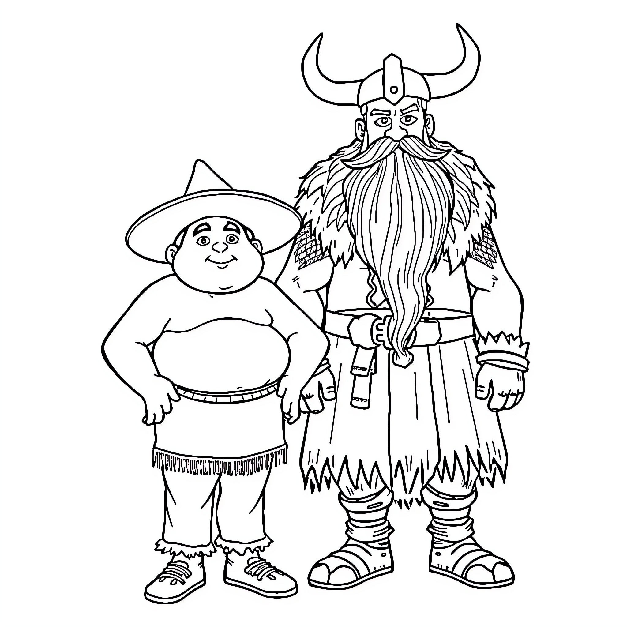 Viking Warriors in Colorful Outfits Coloring Page (free black-and-white line drawing printable PDF for all, from beginners to advanced learners, including children, teens, adults, and seniors)