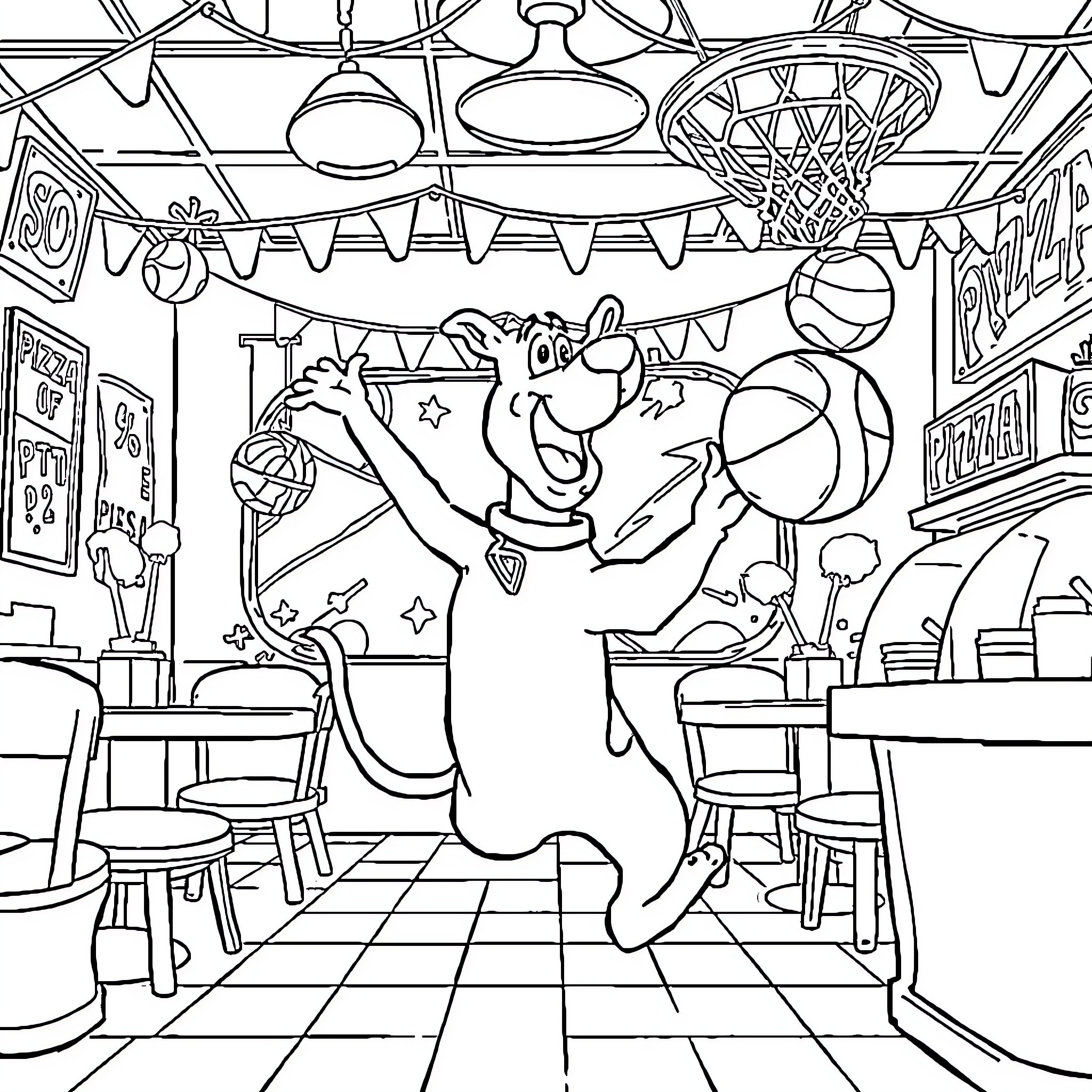 Scooby Doo's Playful Antics in a Festive Diner Coloring Page (free black-and-white line drawing printable PDF for all, from beginners to advanced learners, including children, teens, adults, and seniors)
