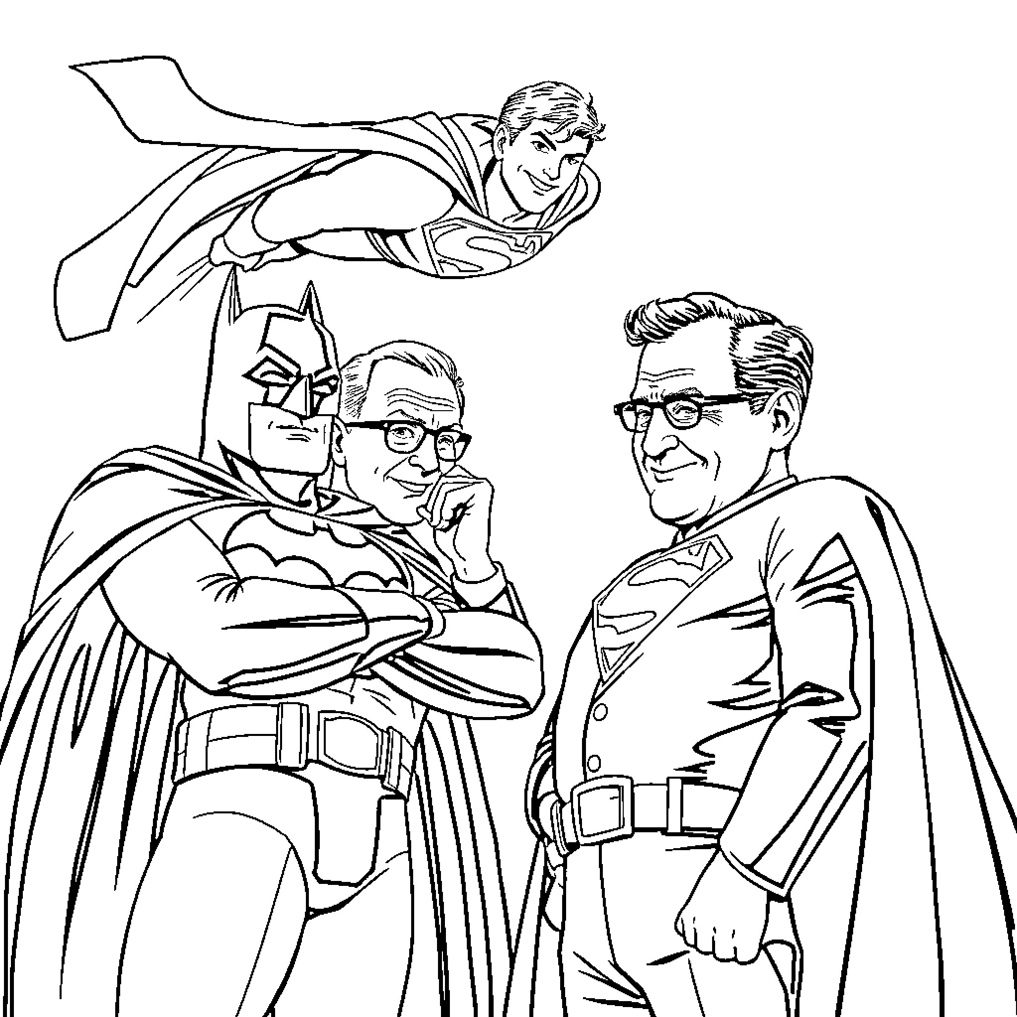 Batman, Superman, and Director Embracing in Camaraderie Coloring Page (free black-and-white line drawing printable PDF for all, from beginners to advanced learners, including children, teens, adults, and seniors)