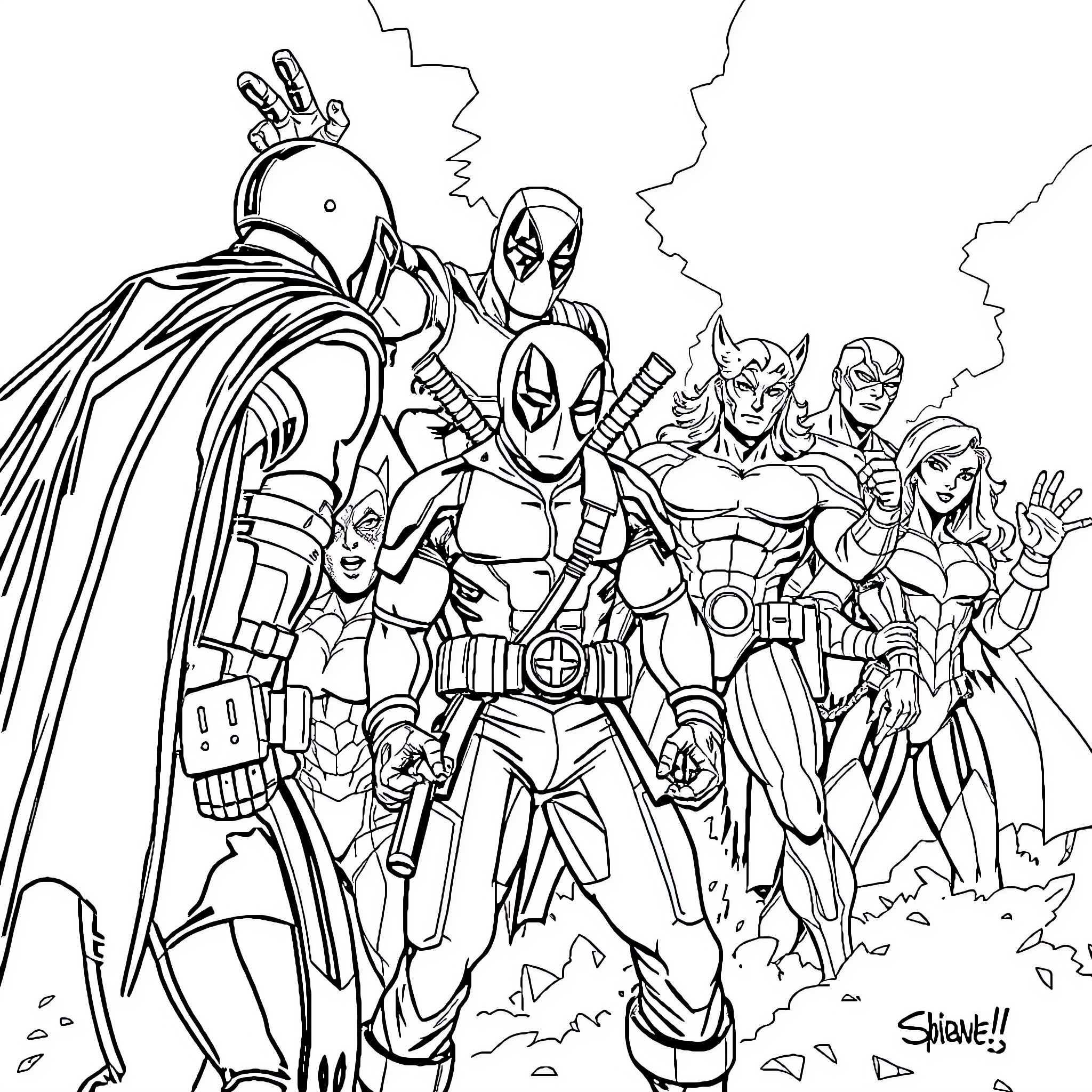 Superhero team in dynamic action poses Coloring Page (free black-and-white line drawing printable PDF for all, from beginners to advanced learners, including children, teens, adults, and seniors)