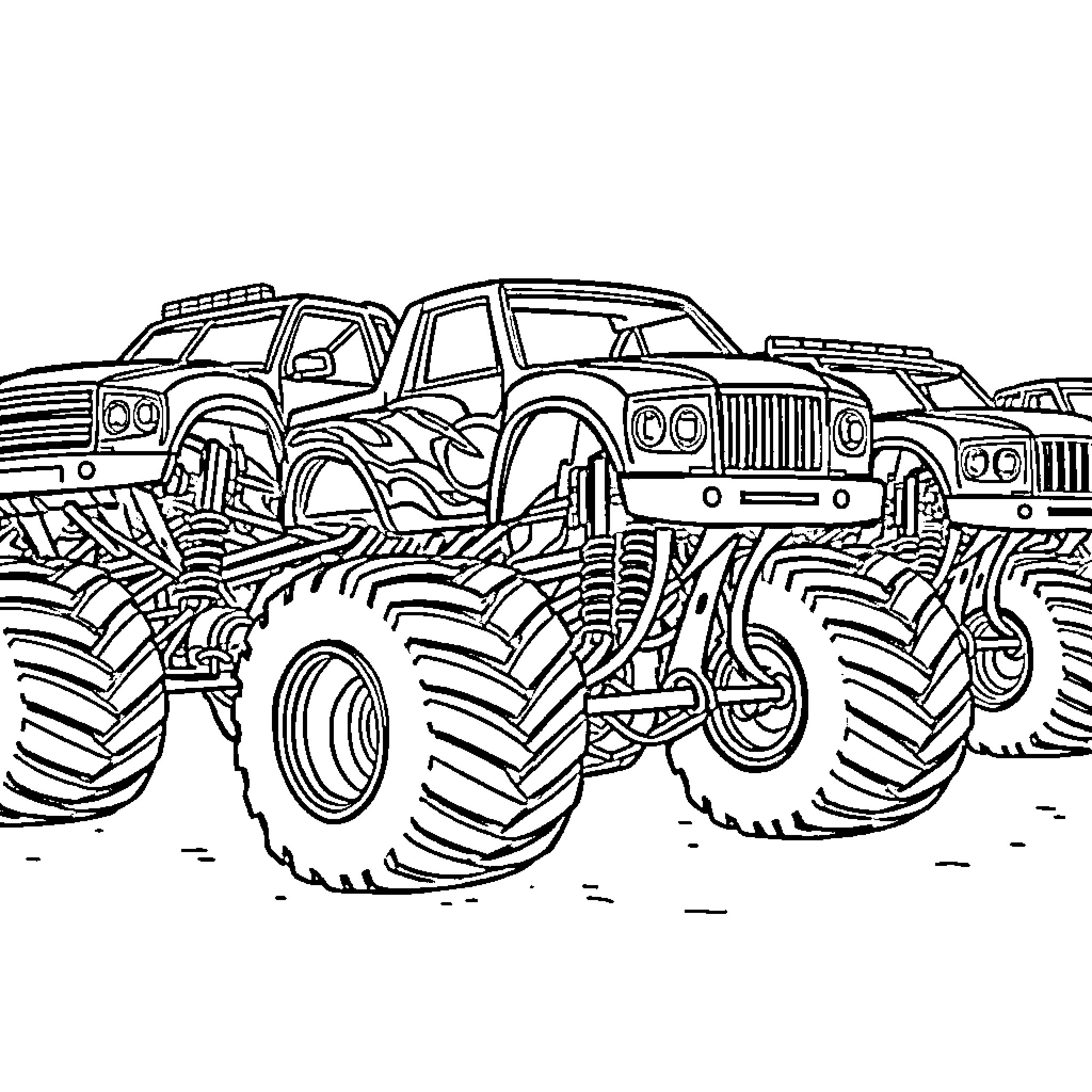 Truck Monster Vehicles Racing on Dirt Track Coloring Page (free black-and-white line drawing printable PDF for all, from beginners to advanced learners, including children, teens, adults, and seniors)