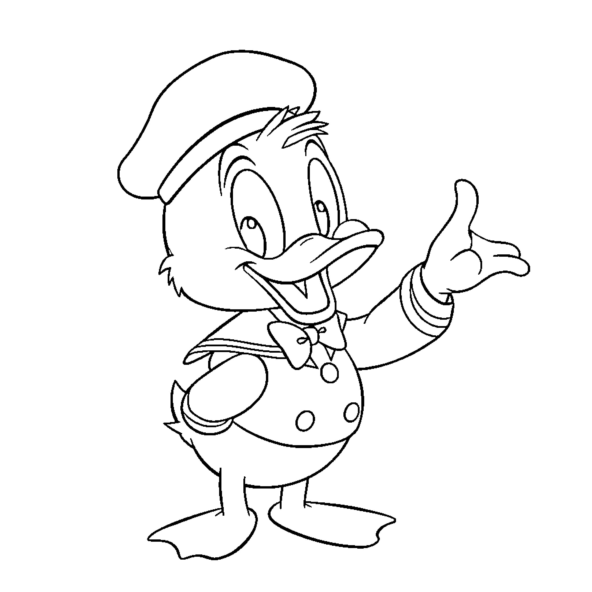 Donald Duck making a silly gesture Coloring Page (free black-and-white line drawing printable PDF for all, from beginners to advanced learners, including children, teens, adults, and seniors)