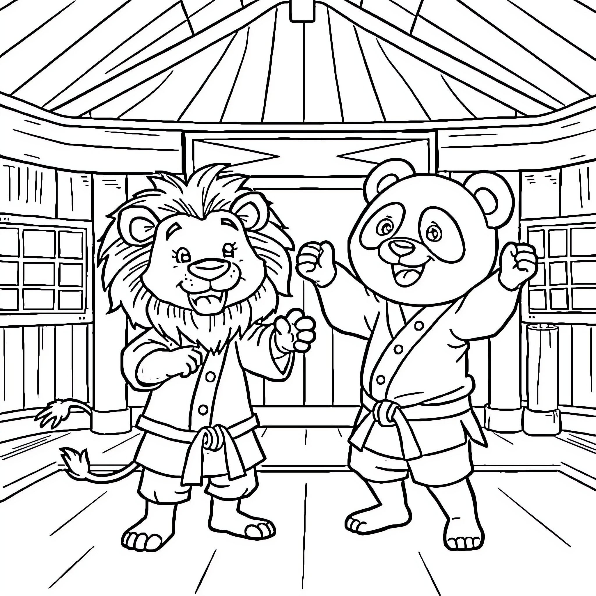 Lion and Panda in Martial Arts Poses Coloring Page (free black-and-white line drawing printable PDF for all, from beginners to advanced learners, including children, teens, adults, and seniors)