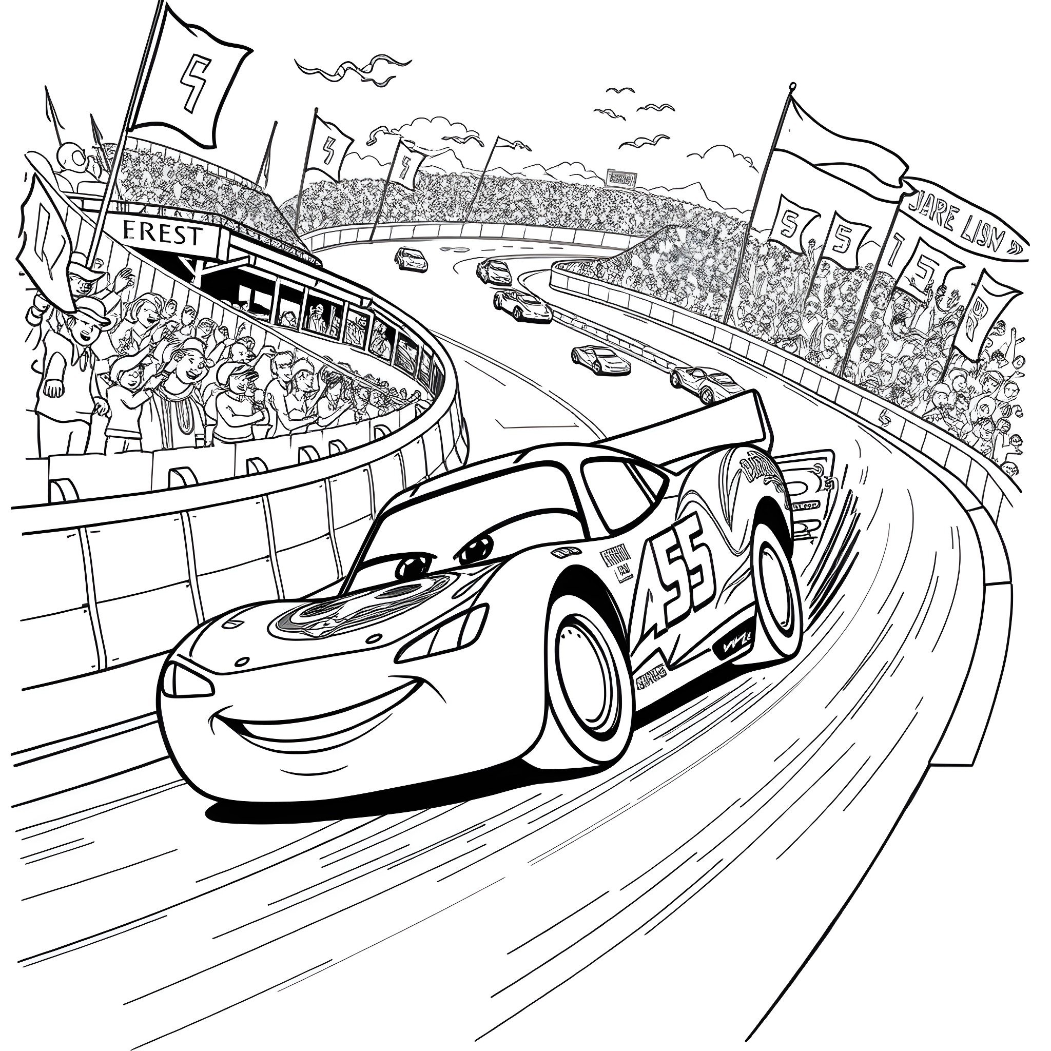 Lightning McQueen racing on the track with fans cheering Coloring Page (free black-and-white line drawing printable PDF for all, from beginners to advanced learners, including children, teens, adults, and seniors)
