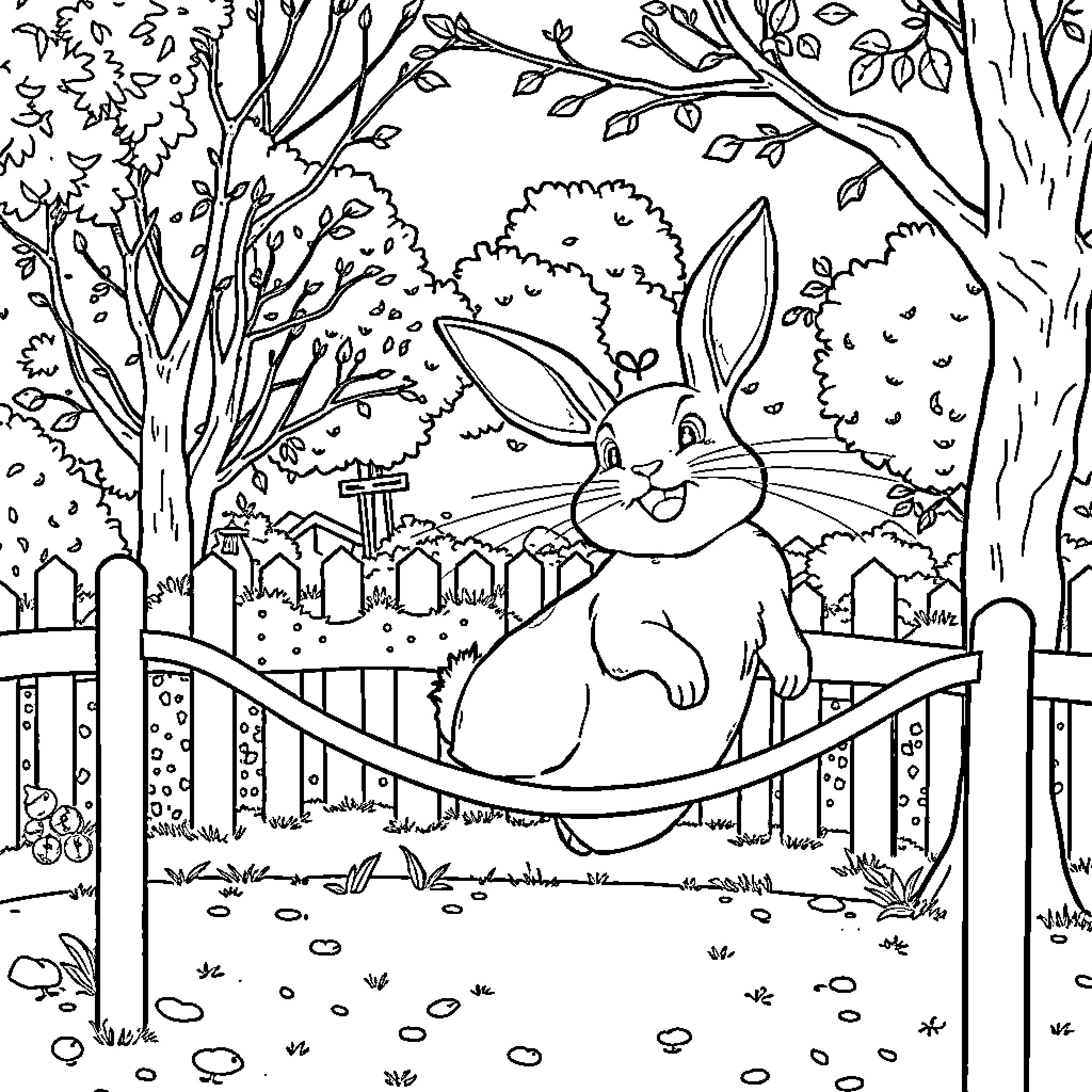 Rabbit relaxing in a peaceful woodland setting Coloring Page (free black-and-white line drawing printable PDF for all, from beginners to advanced learners, including children, teens, adults, and seniors)