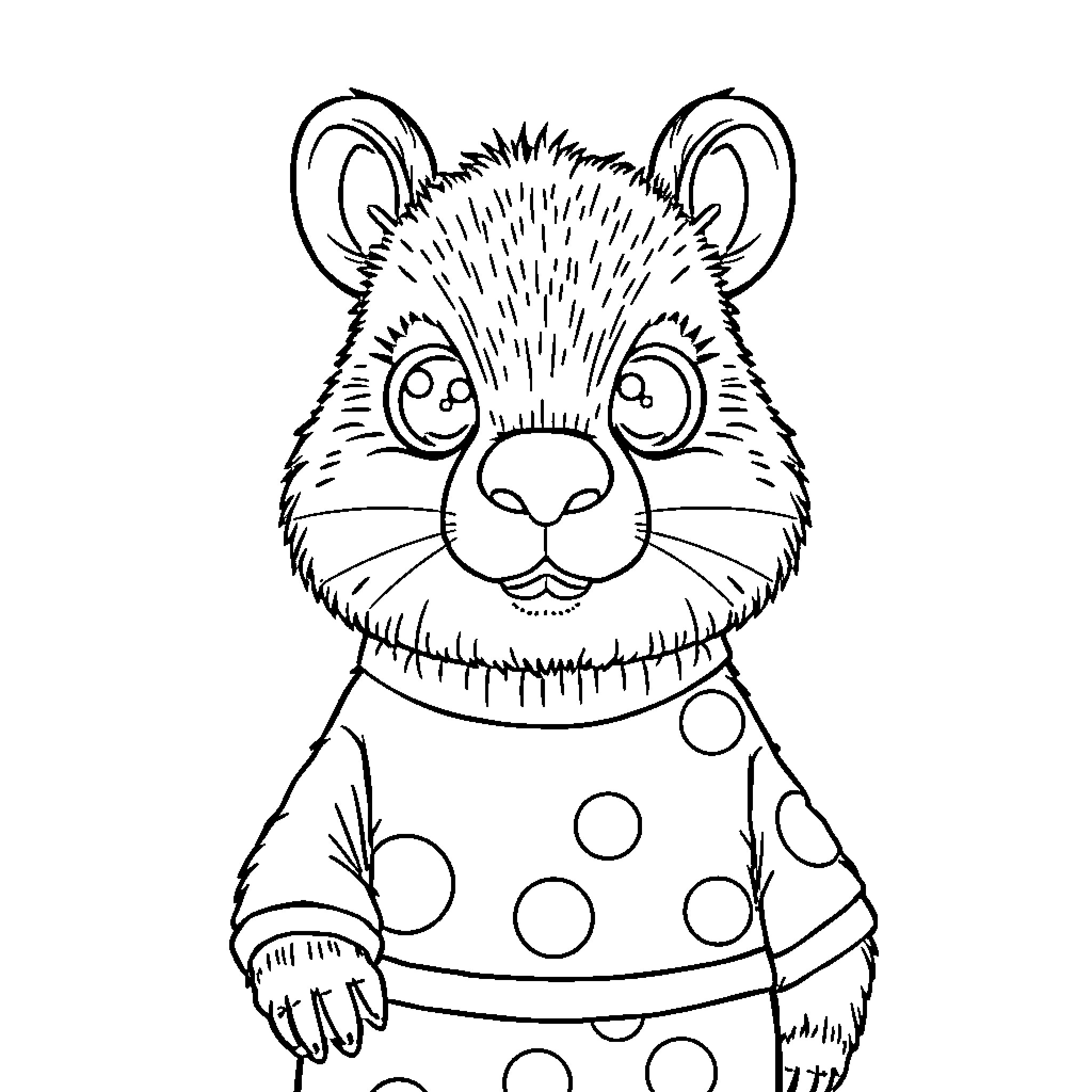 Capybara in a whimsical polka dot outfit Coloring Page (free black-and-white line drawing printable PDF for all, from beginners to advanced learners, including children, teens, adults, and seniors)