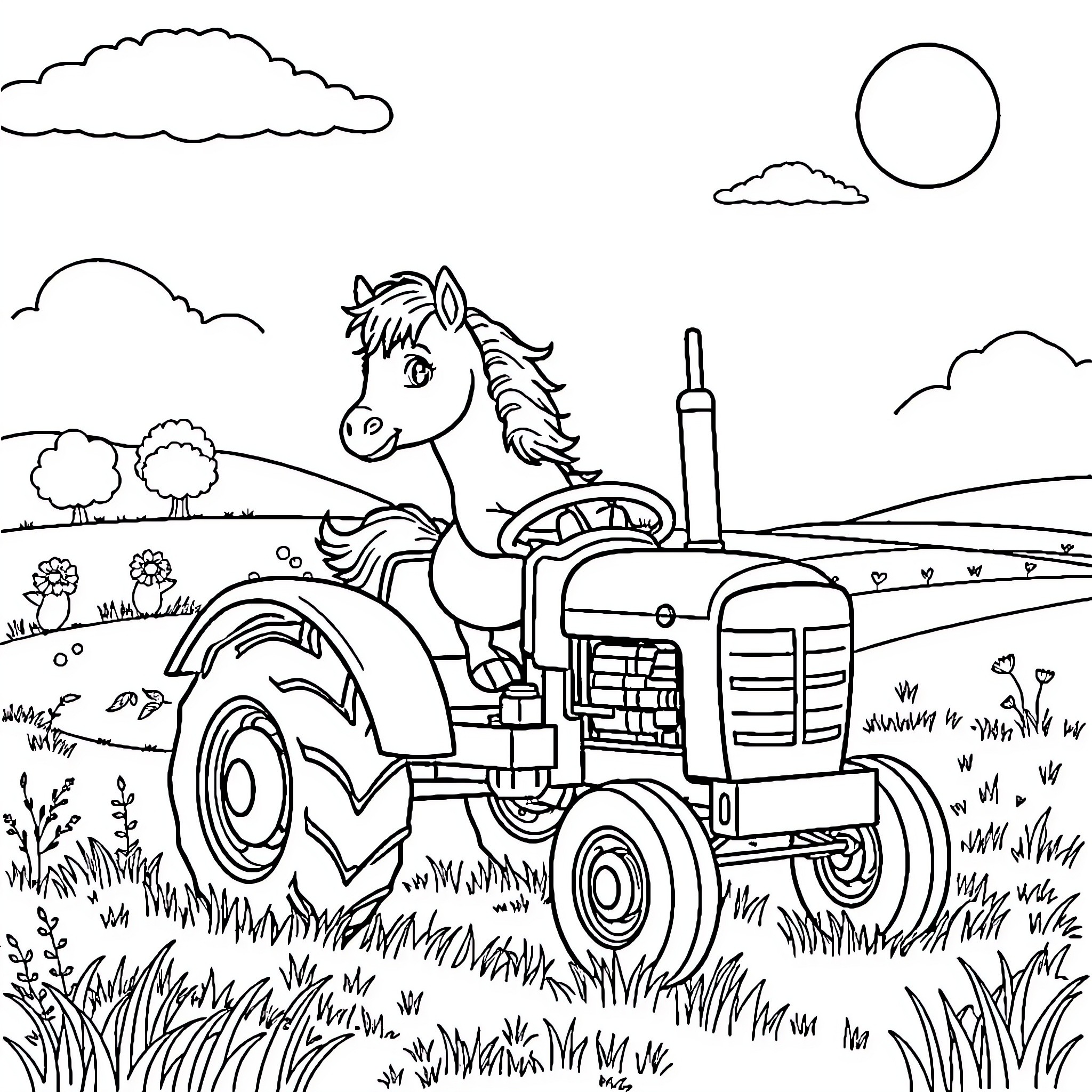 Pony driving a tractor in the countryside Coloring Page (free black-and-white line drawing printable PDF for all, from beginners to advanced learners, including children, teens, adults, and seniors)