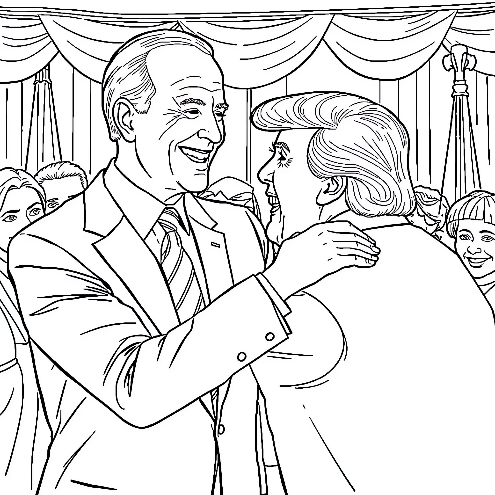 Joe Biden interacting joyfully with supporters at an event Coloring Page (free black-and-white line drawing printable PDF for all, from beginners to advanced learners, including children, teens, adults, and seniors)
