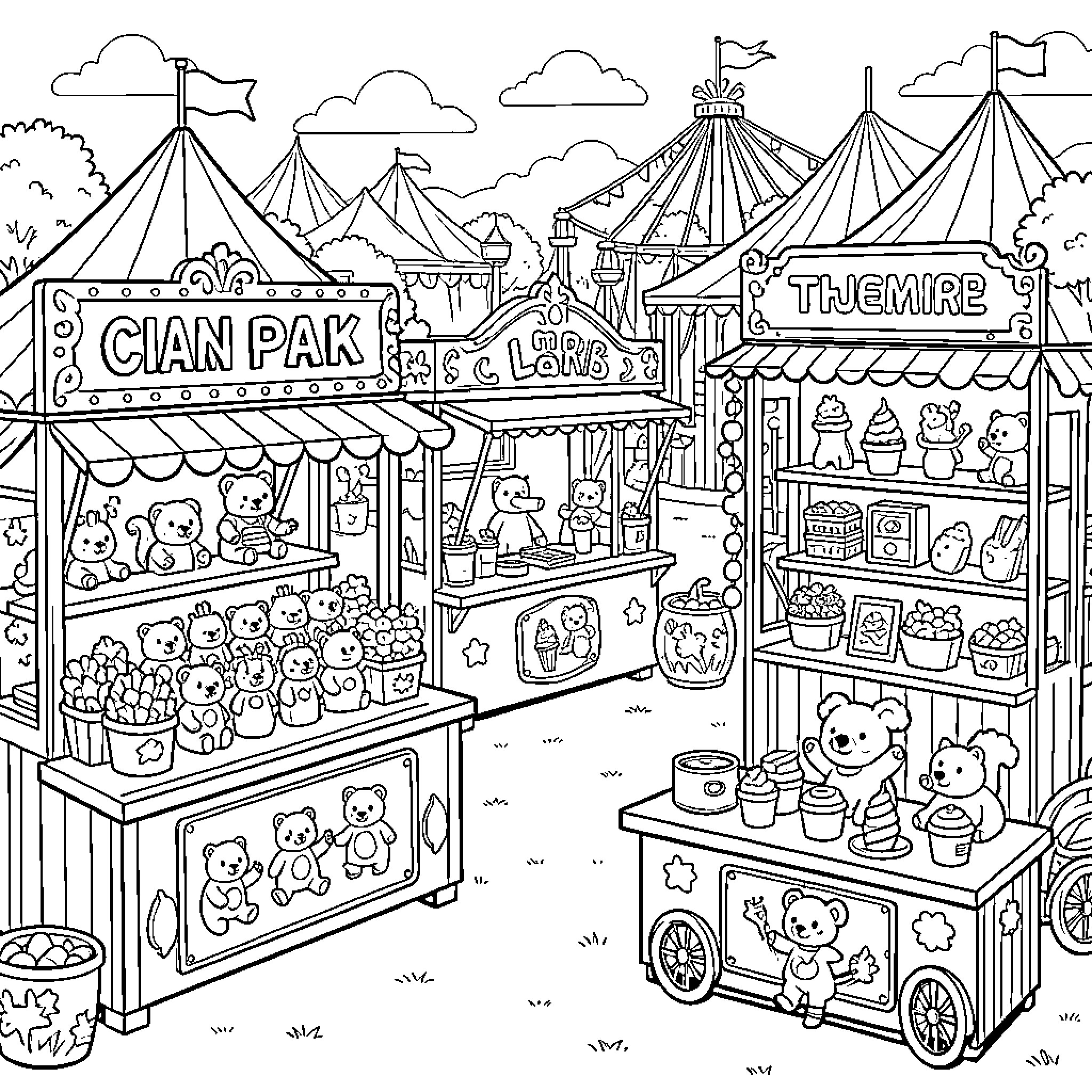 Theme Park with Carnival Stalls and Plush Toys Coloring Page (free black-and-white line drawing printable PDF for all, from beginners to advanced learners, including children, teens, adults, and seniors)