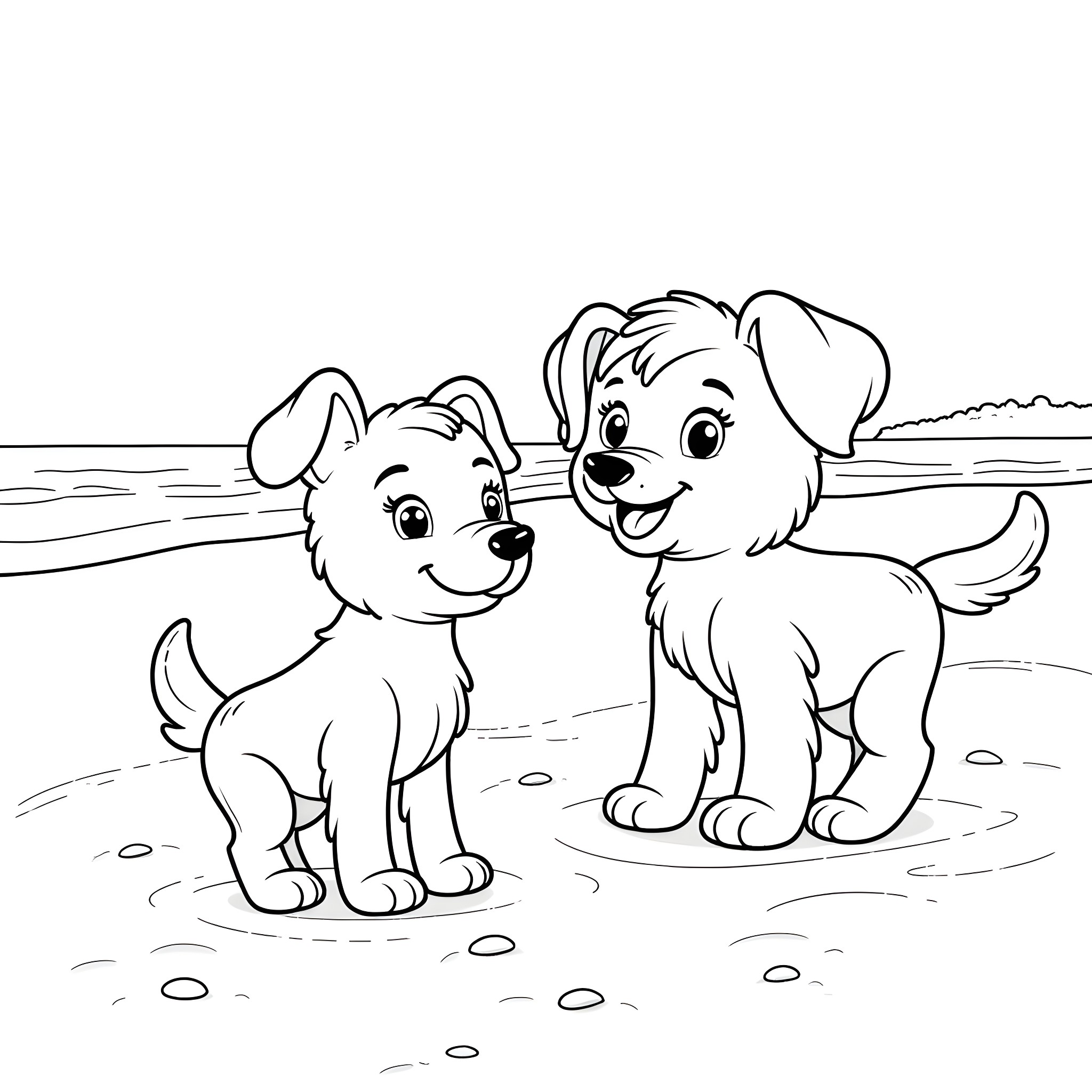 Bluey and Bingo playing happily at the beach Coloring Page (free black-and-white line drawing printable PDF for all, from beginners to advanced learners, including children, teens, adults, and seniors)