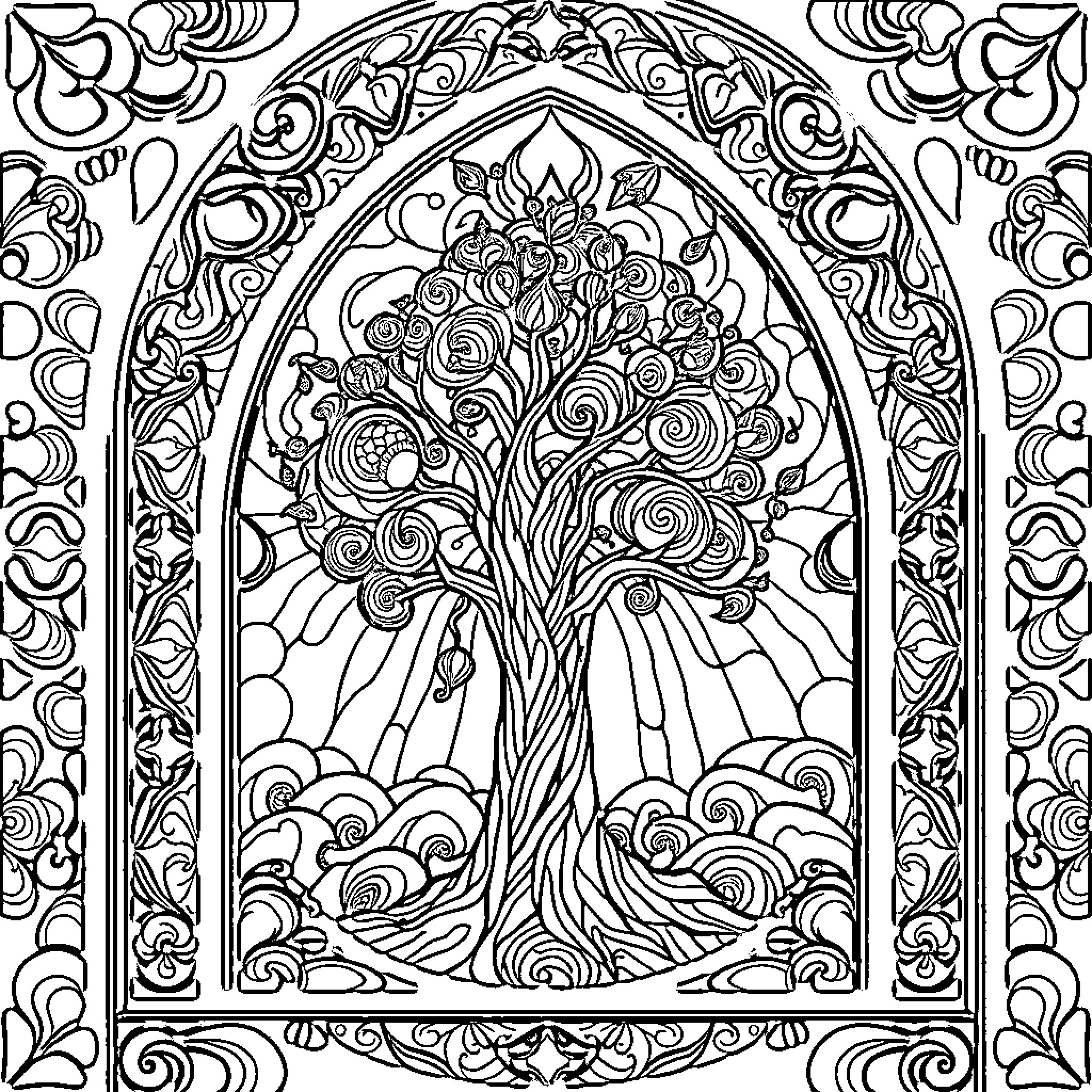 Tree of life in ornate stained glass Coloring Page (free black-and-white line drawing printable PDF for all, from beginners to advanced learners, including children, teens, adults, and seniors)
