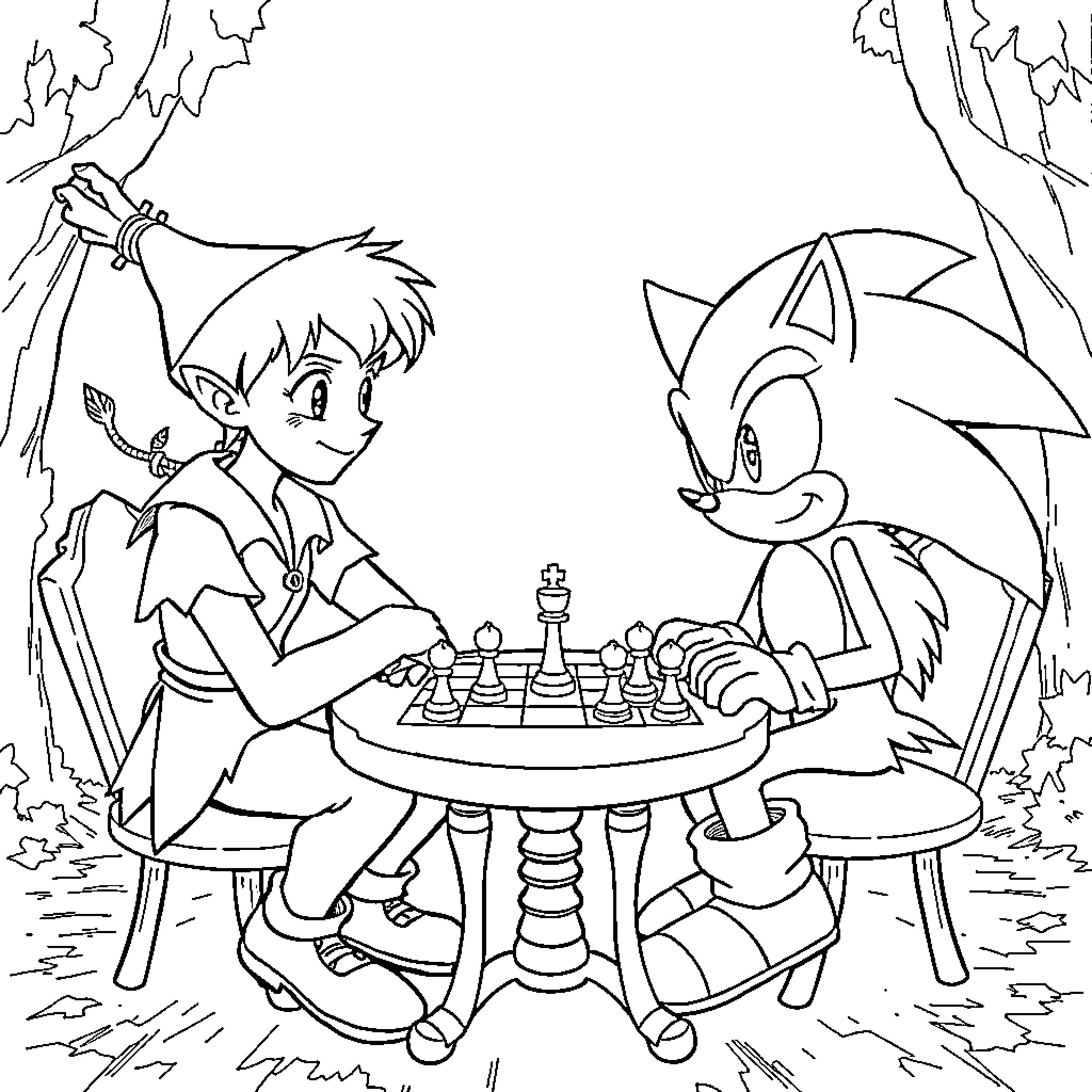 Peter Pan and Sonic Playing Chess in the Forest Coloring Page (free black-and-white line drawing printable PDF for all, from beginners to advanced learners, including children, teens, adults, and seniors)