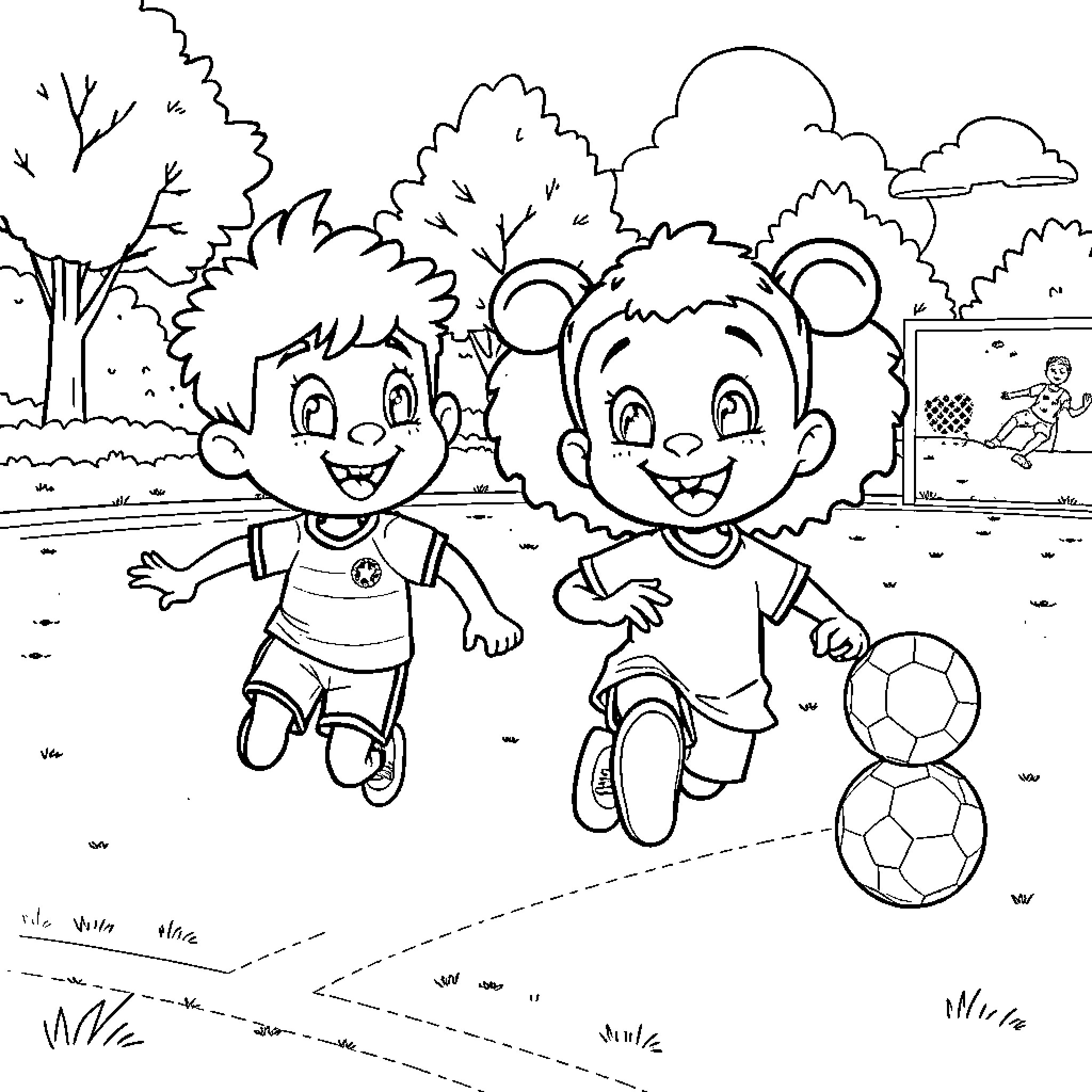 Pocoyo playing soccer with friends in the park Coloring Page (free black-and-white line drawing printable PDF for all, from beginners to advanced learners, including children, teens, adults, and seniors)