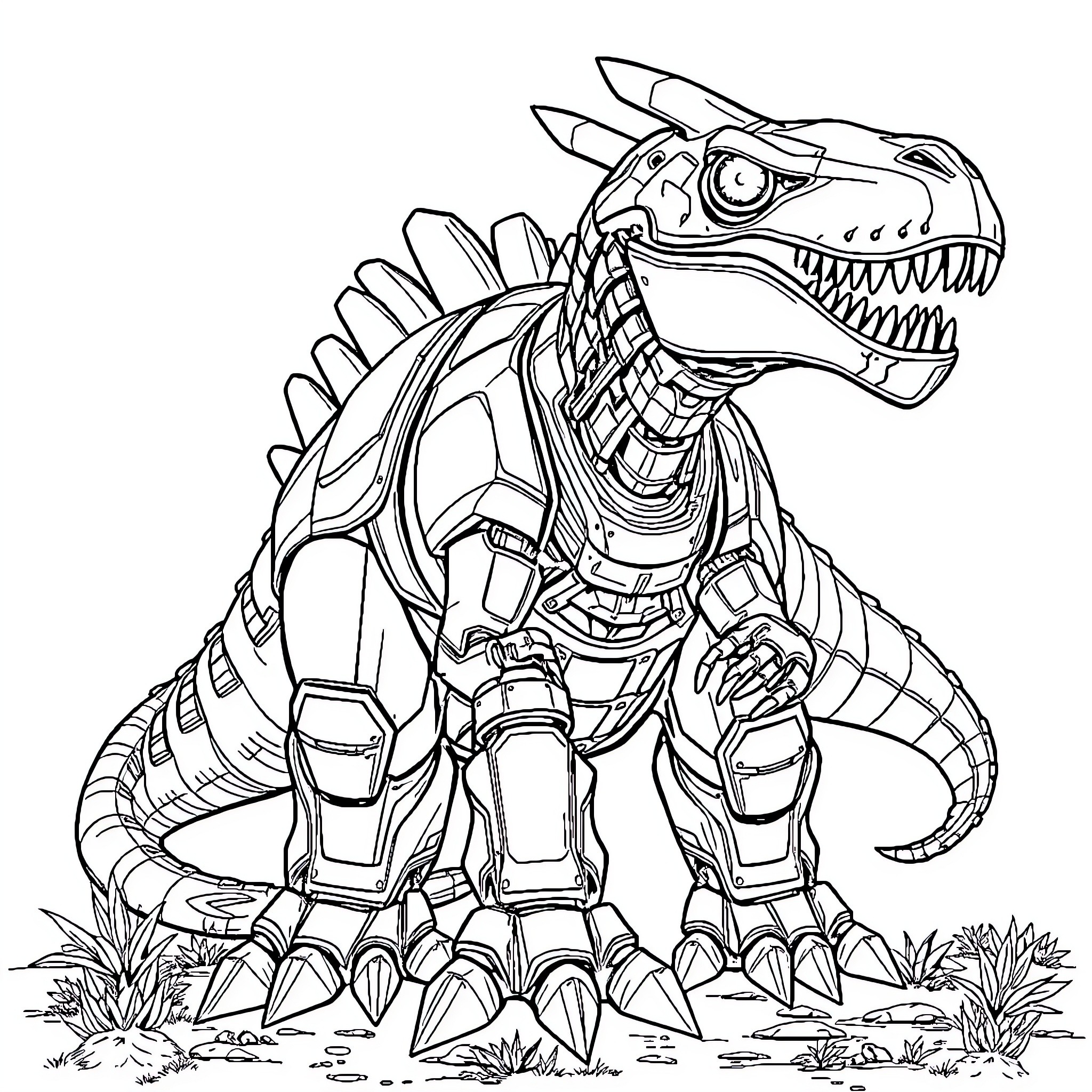 Robot Dinosaur Threatening Predator on Grassy Field Coloring Page (free black-and-white line drawing printable PDF for all, from beginners to advanced learners, including children, teens, adults, and seniors)