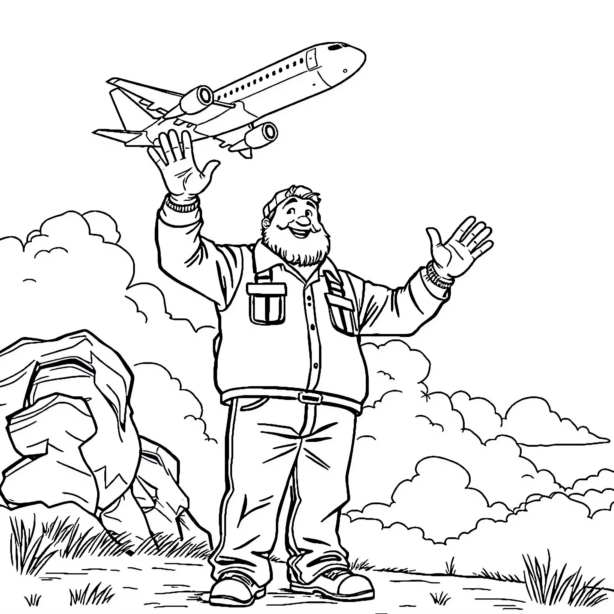 Guy waving goodbye to a plane in the sky Coloring Page (free black-and-white line drawing printable PDF for all, from beginners to advanced learners, including children, teens, adults, and seniors)