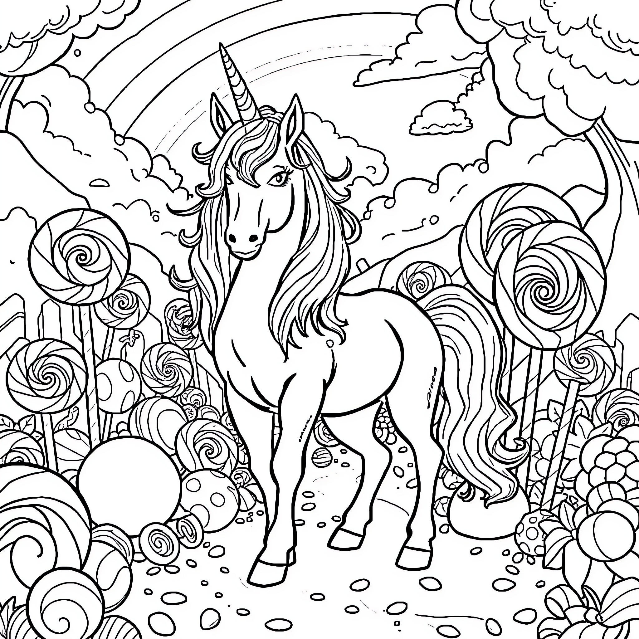 Unicorn enchanted by the magical forest Coloring Page (free black-and-white line drawing printable PDF for all, from beginners to advanced learners, including children, teens, adults, and seniors)